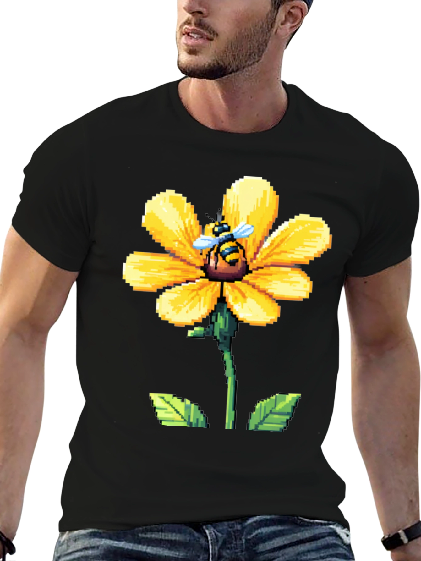 Pixel Bee on Pixel Flower Graphic Tee - Black