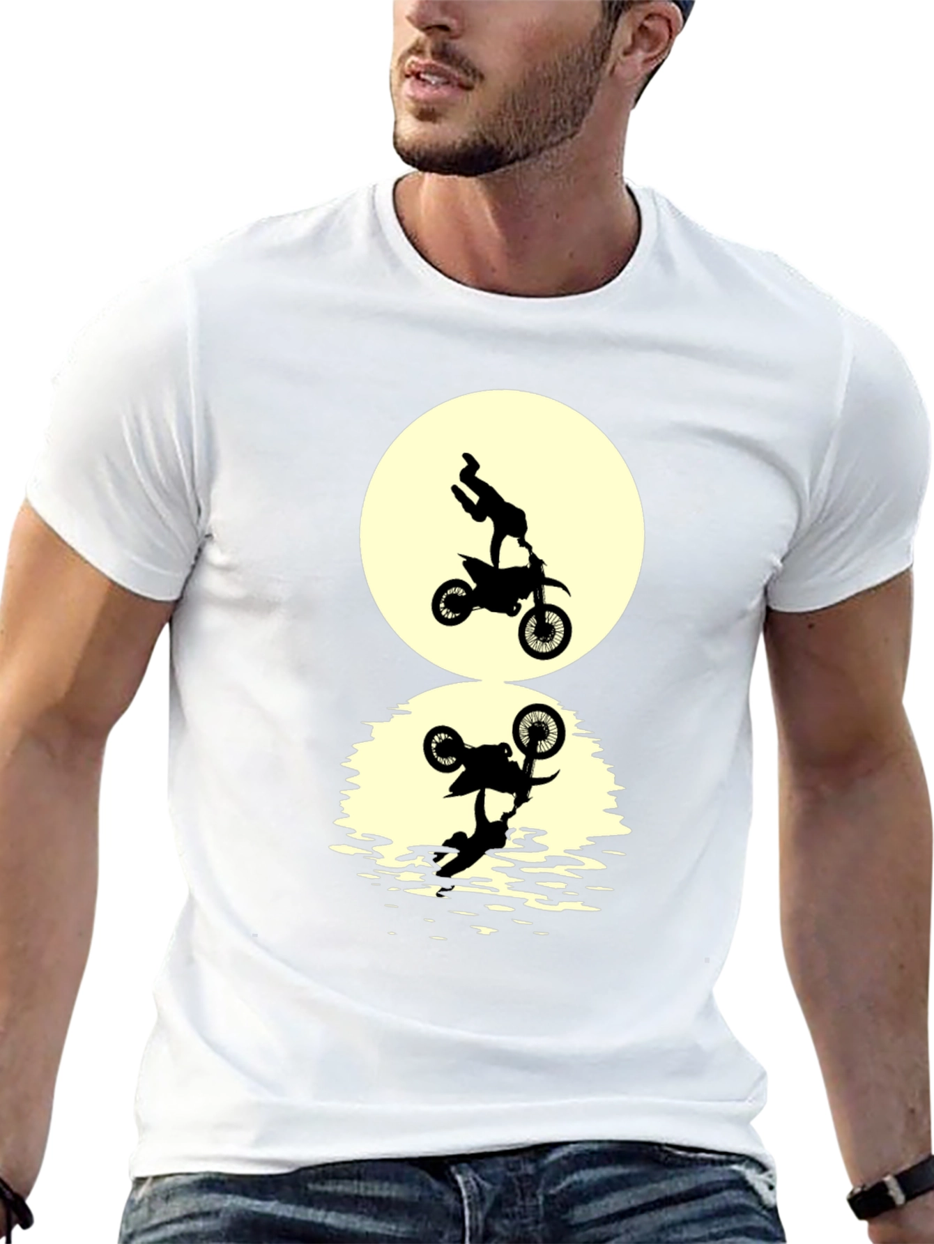 Black T-Shirt with Motorcycle Stunt Reflection Graphic