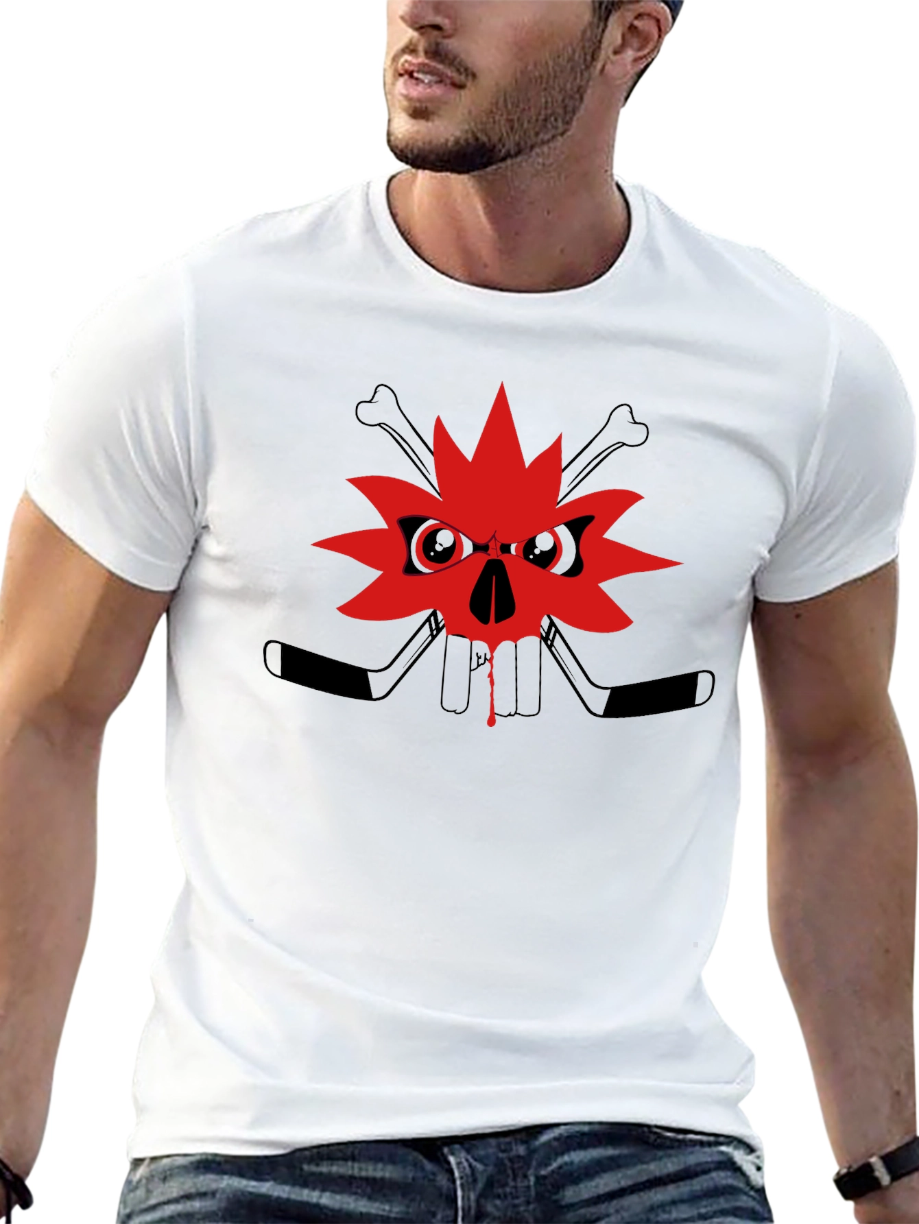 Edgy Skull Maple Leaf Graphic Tee - Black