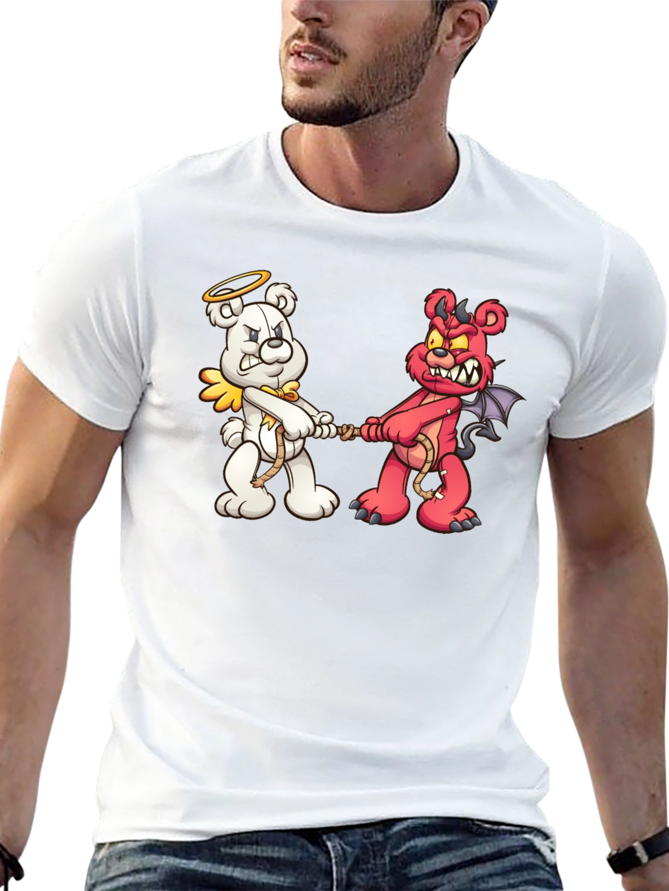 Angel vs. Devil Bear Tug-of-War Graphic T-Shirt