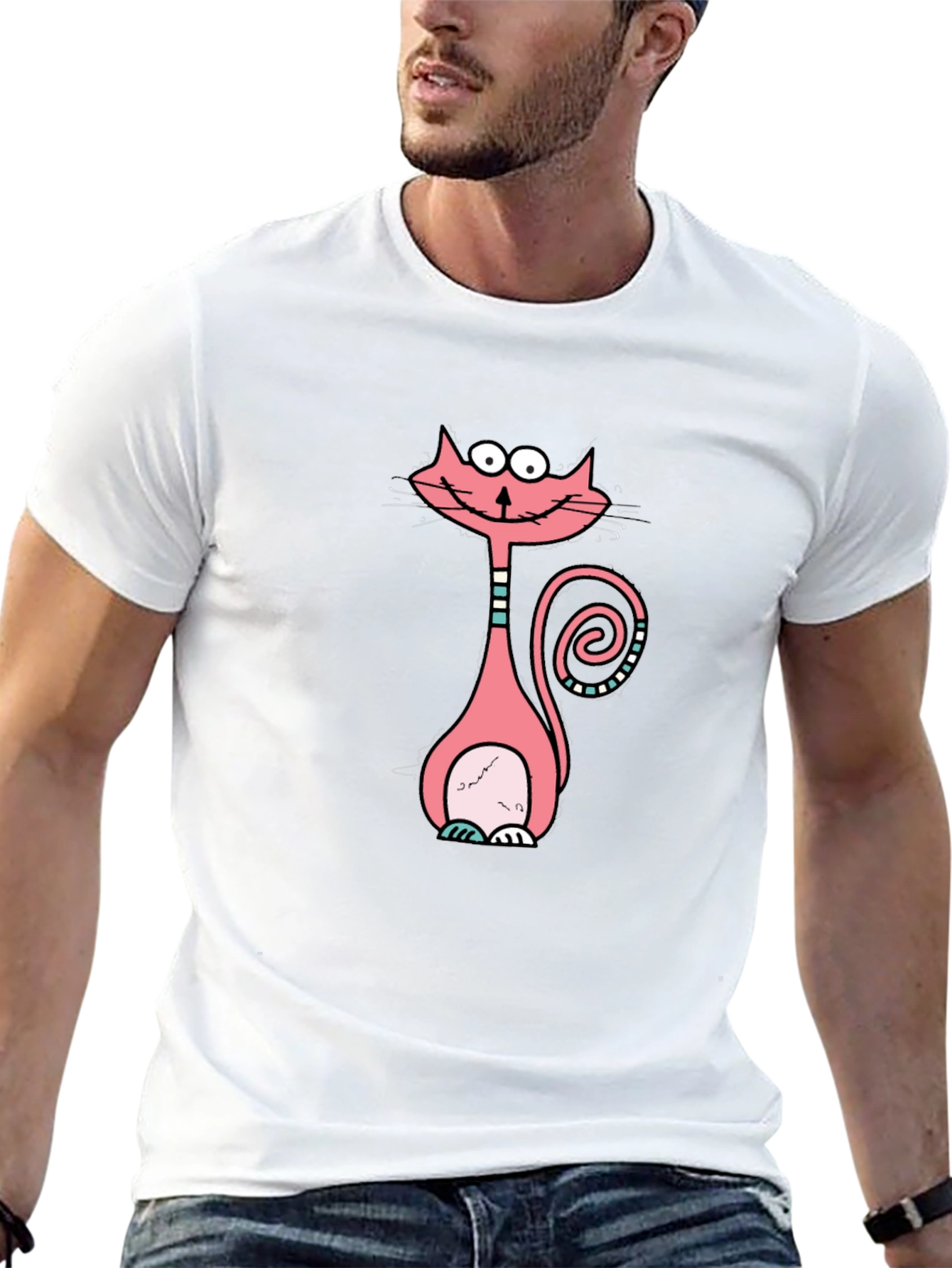 Funny Cartoon Cat Graphic Tee - Black Cotton T-Shirt
