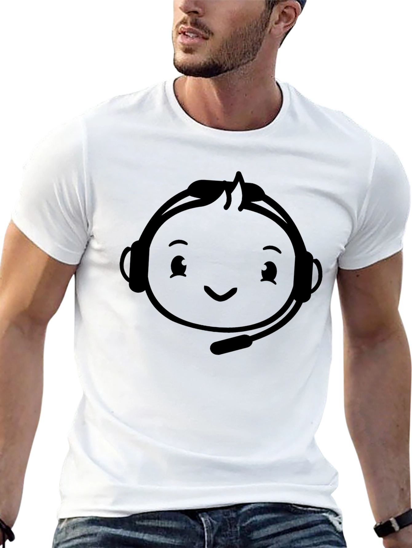 Black Gaming T-Shirt with Headset Cartoon Graphic