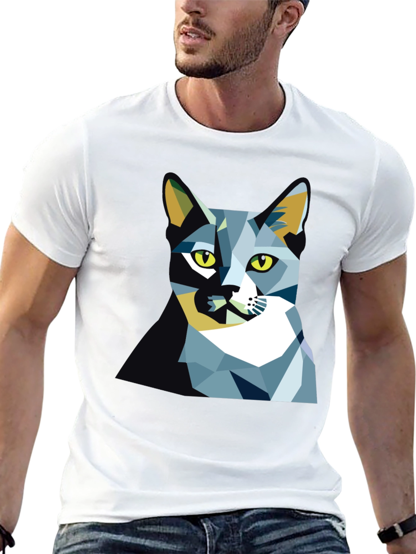 Geometric Cat Graphic Tee - Modern Art Shirt