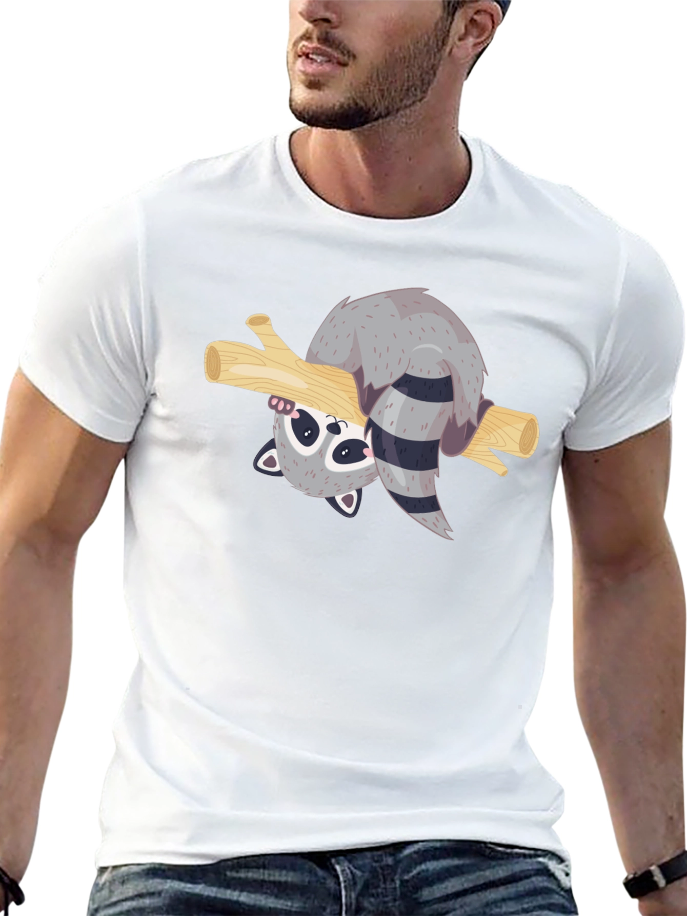 Cute Raccoon on Branch Black T-Shirt