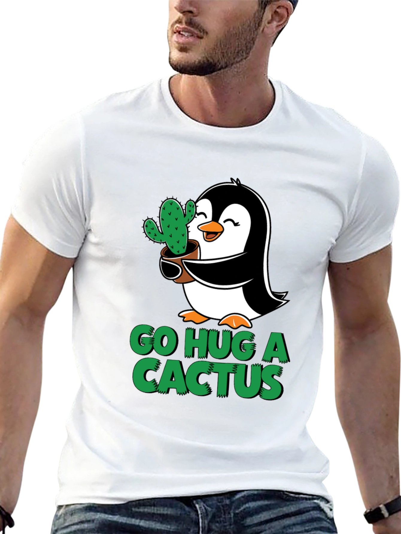 Go Hug a Cactus Penguin Graphic Tee