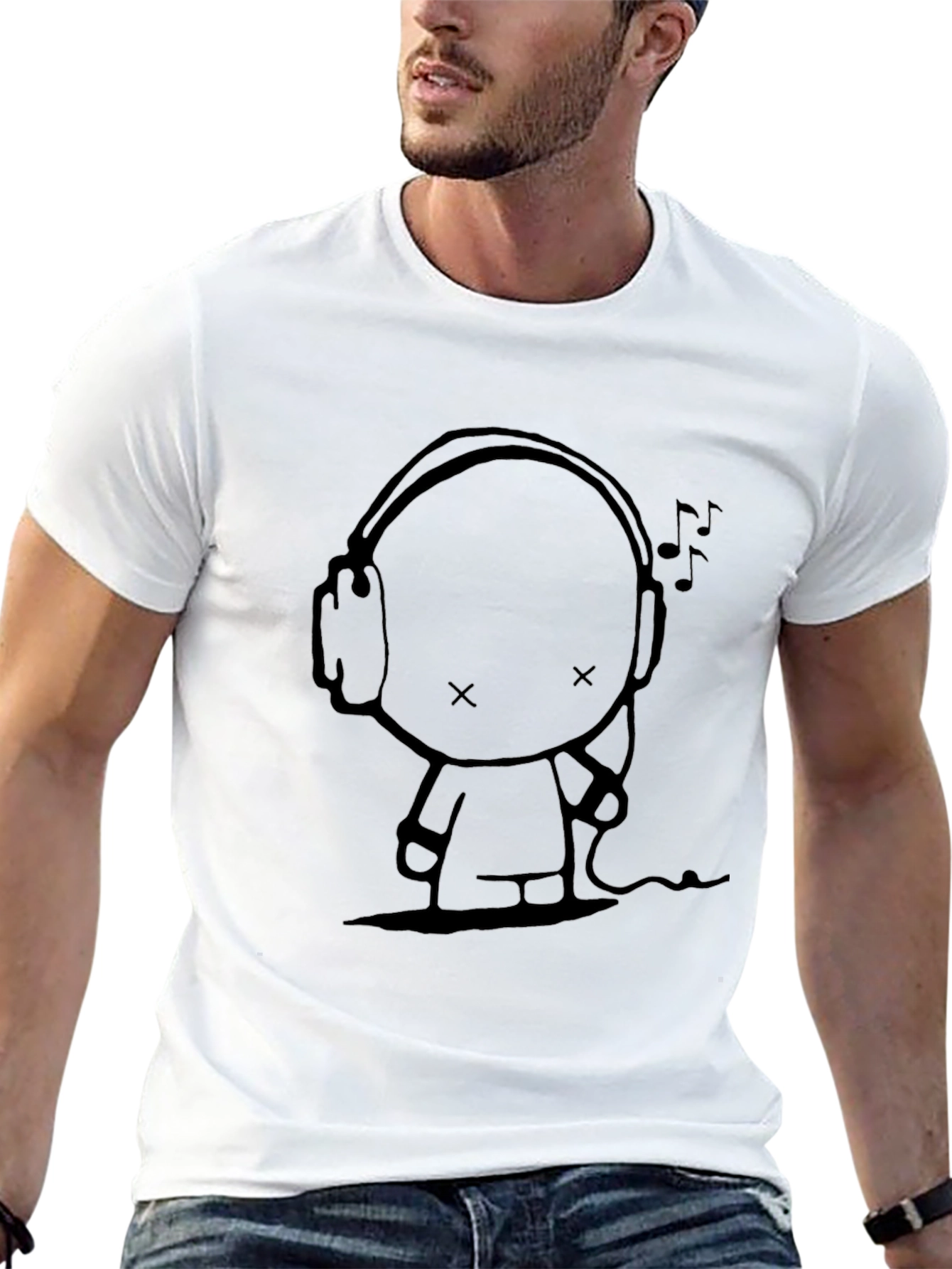Cartoon Graphic Black Tee - Headphone Music Lover