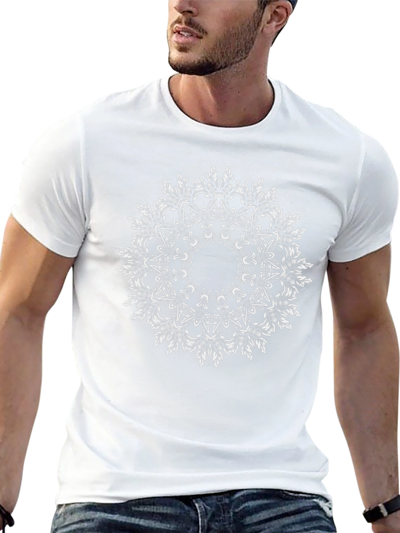 Black T-Shirt with White Mandala Design