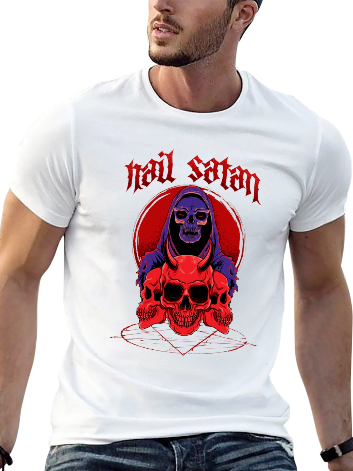 Hail Satan Skull Graphic T-Shirt