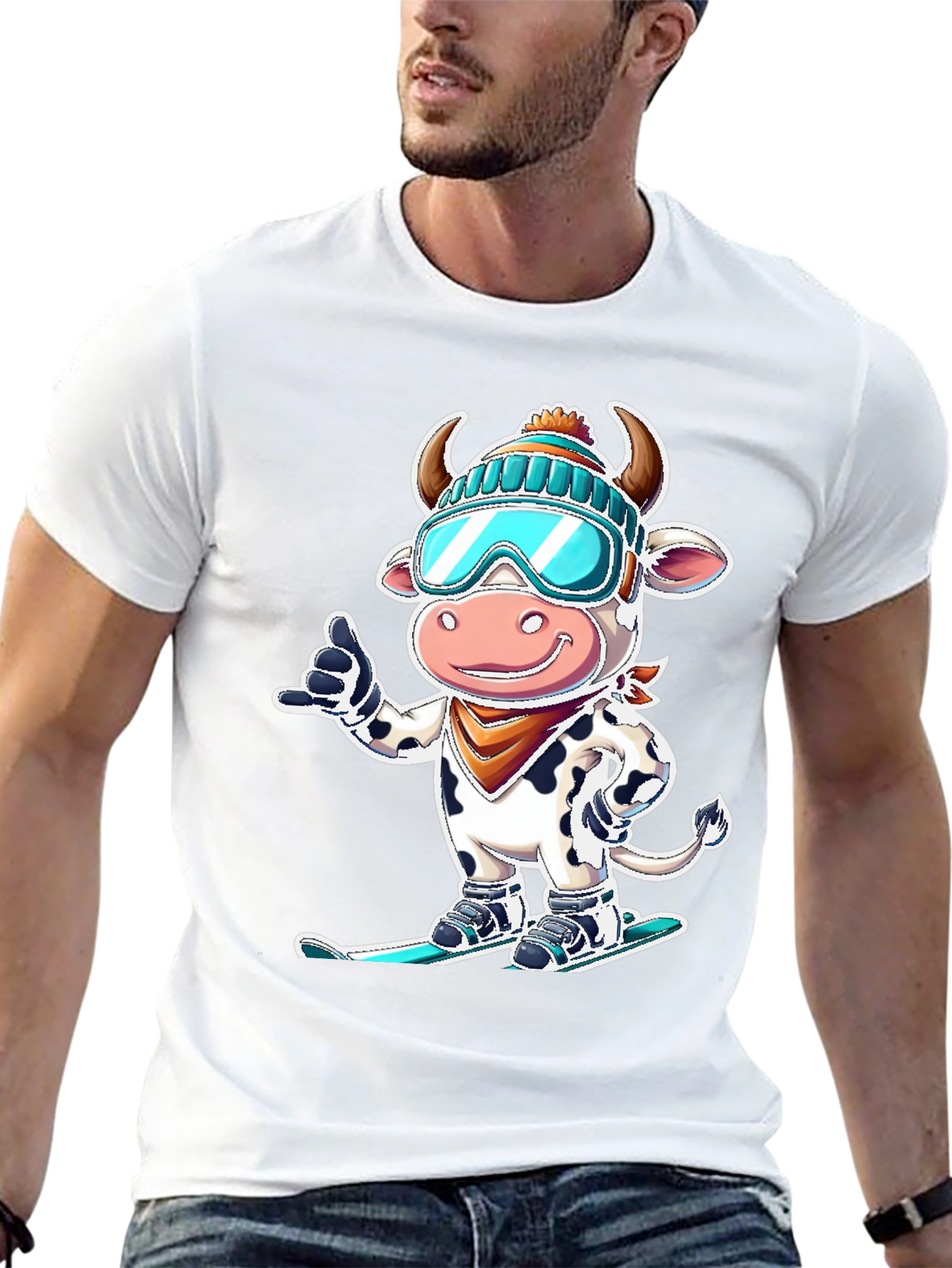 Skiing Cow Graphic Tee - Fun Winter T-Shirt
