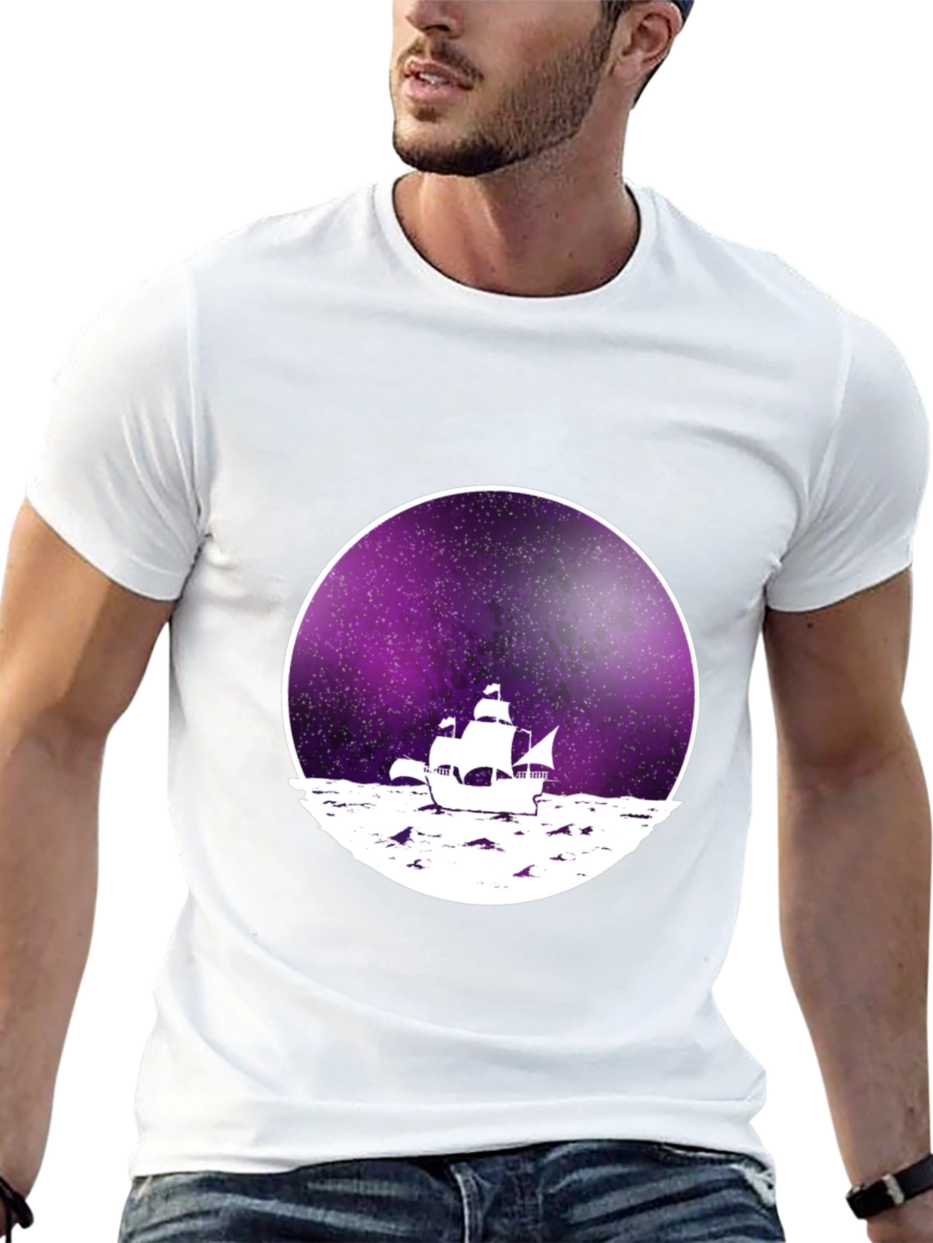 Galaxy Sailboat Graphic Tee - Black Cotton T-Shirt