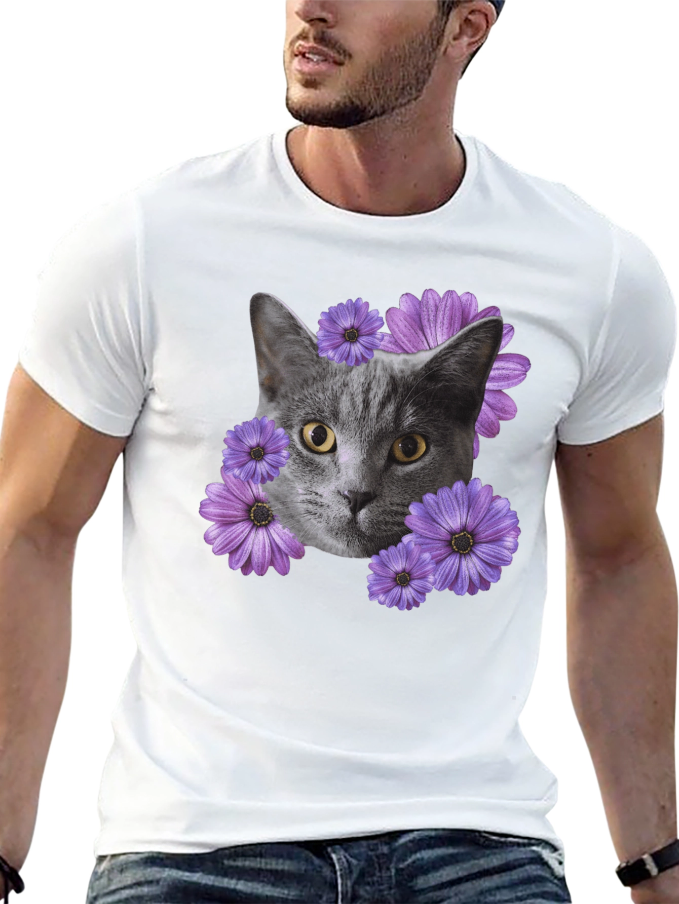 Cat and Flower Graphic Tee - Mens Black T-Shirt