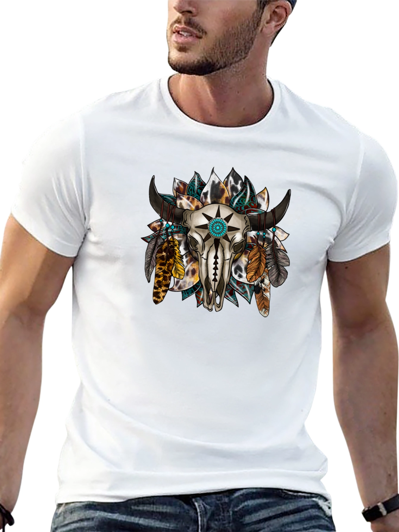Skull and Feather Graphic Print Tee