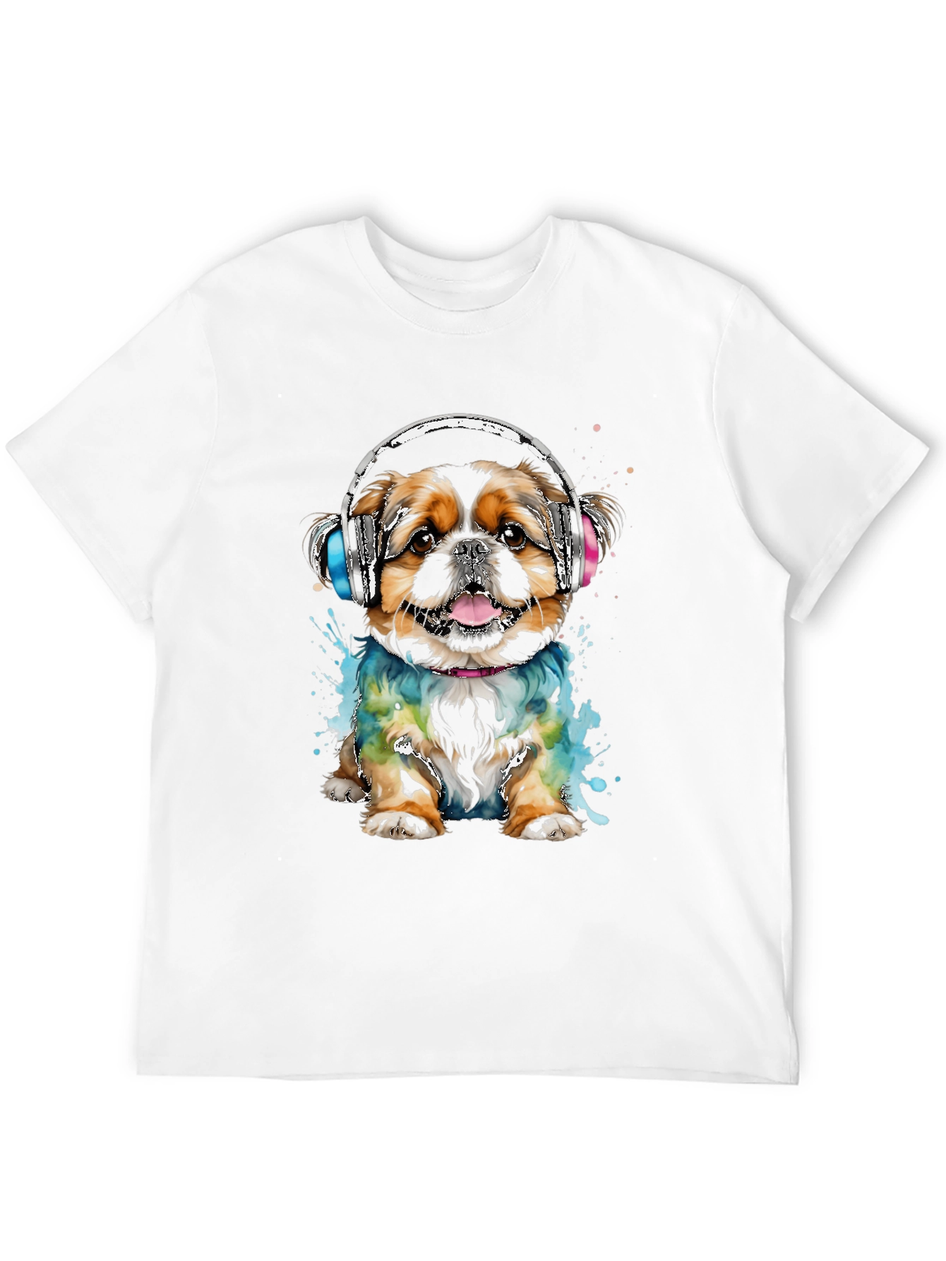 Dog with Headphones Graphic Tee - Black Cotton T-Shirt