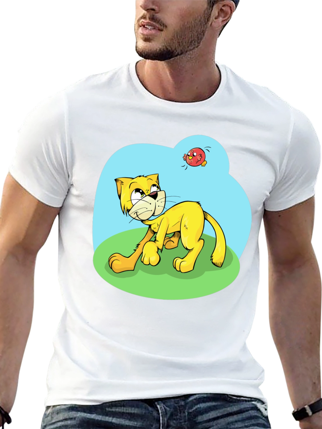 Cartoon Cat Graphic Tee - Black Casual T-Shirt