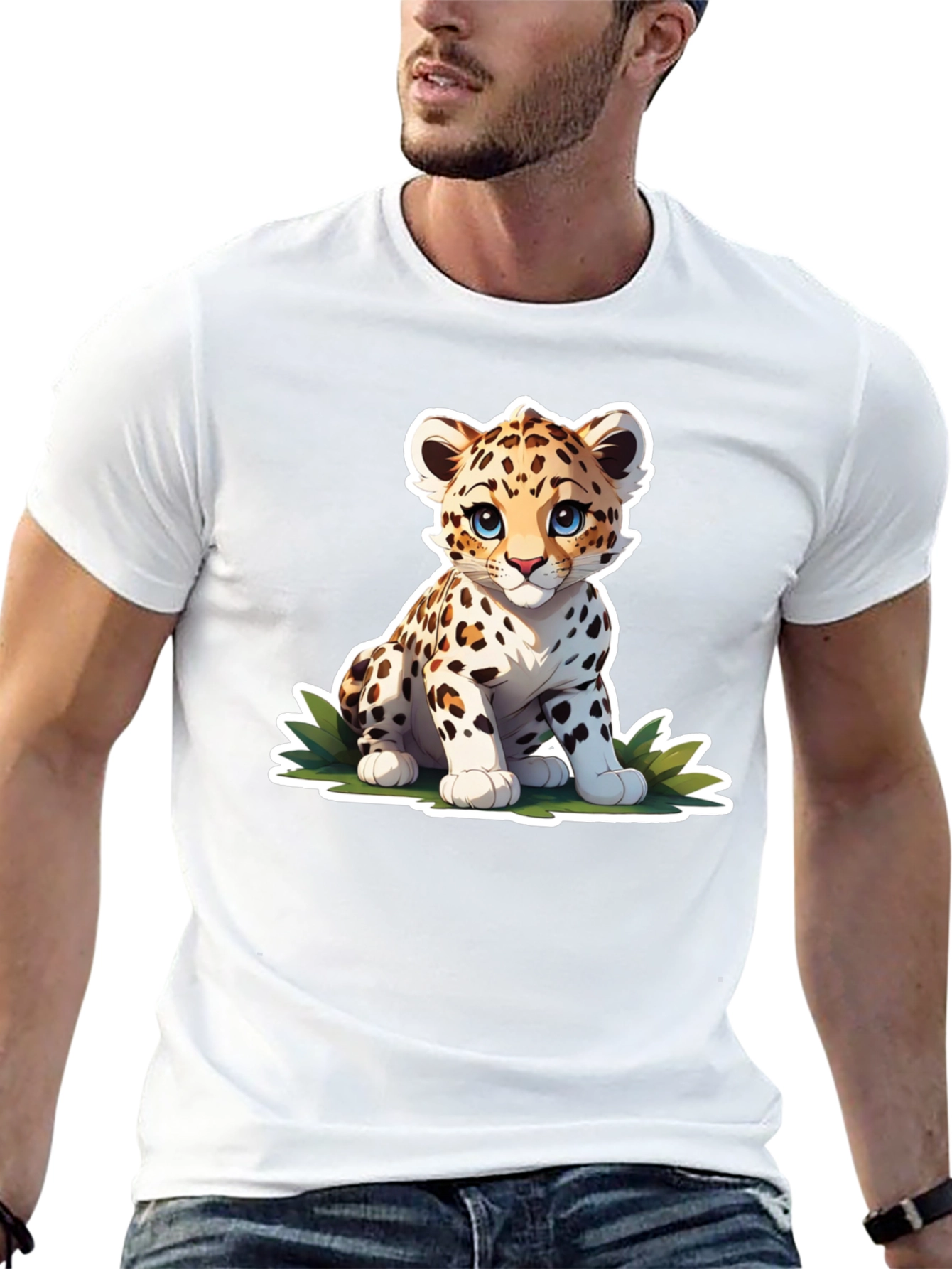 Cute Cartoon Leopard Graphic Tee - Black