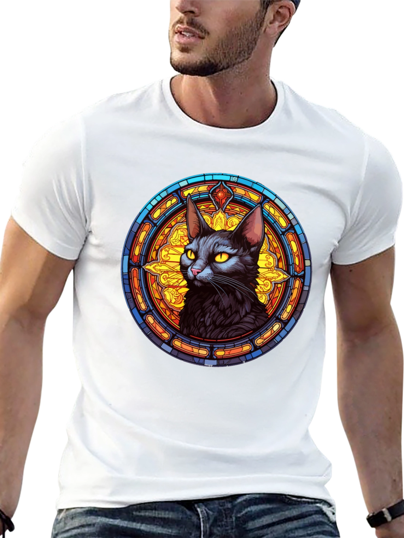 Stained Glass Cat Graphic Tee - Unique Design