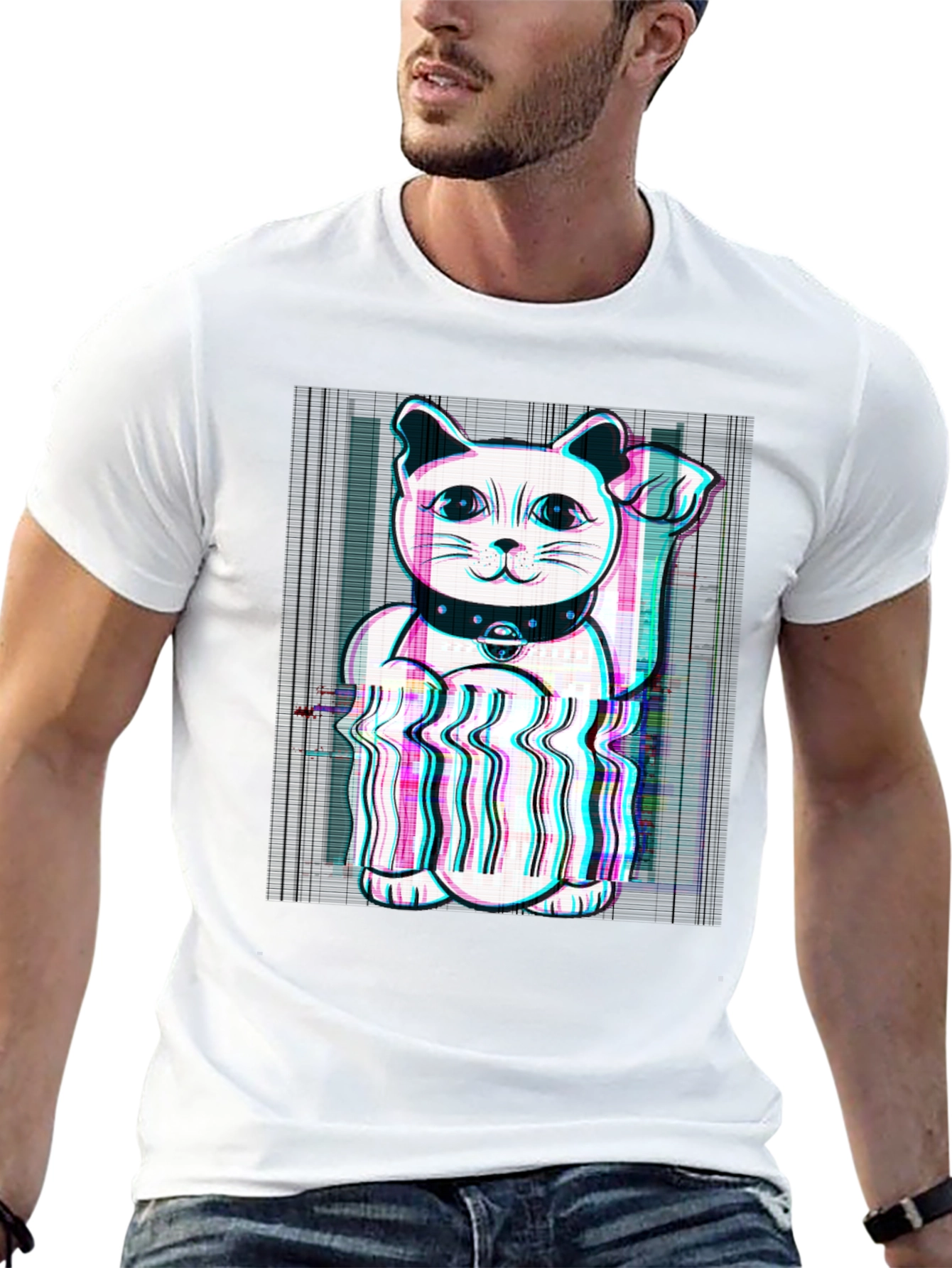 Lucky Cat Glitch Tee - Black Cotton Graphic T-Shirt