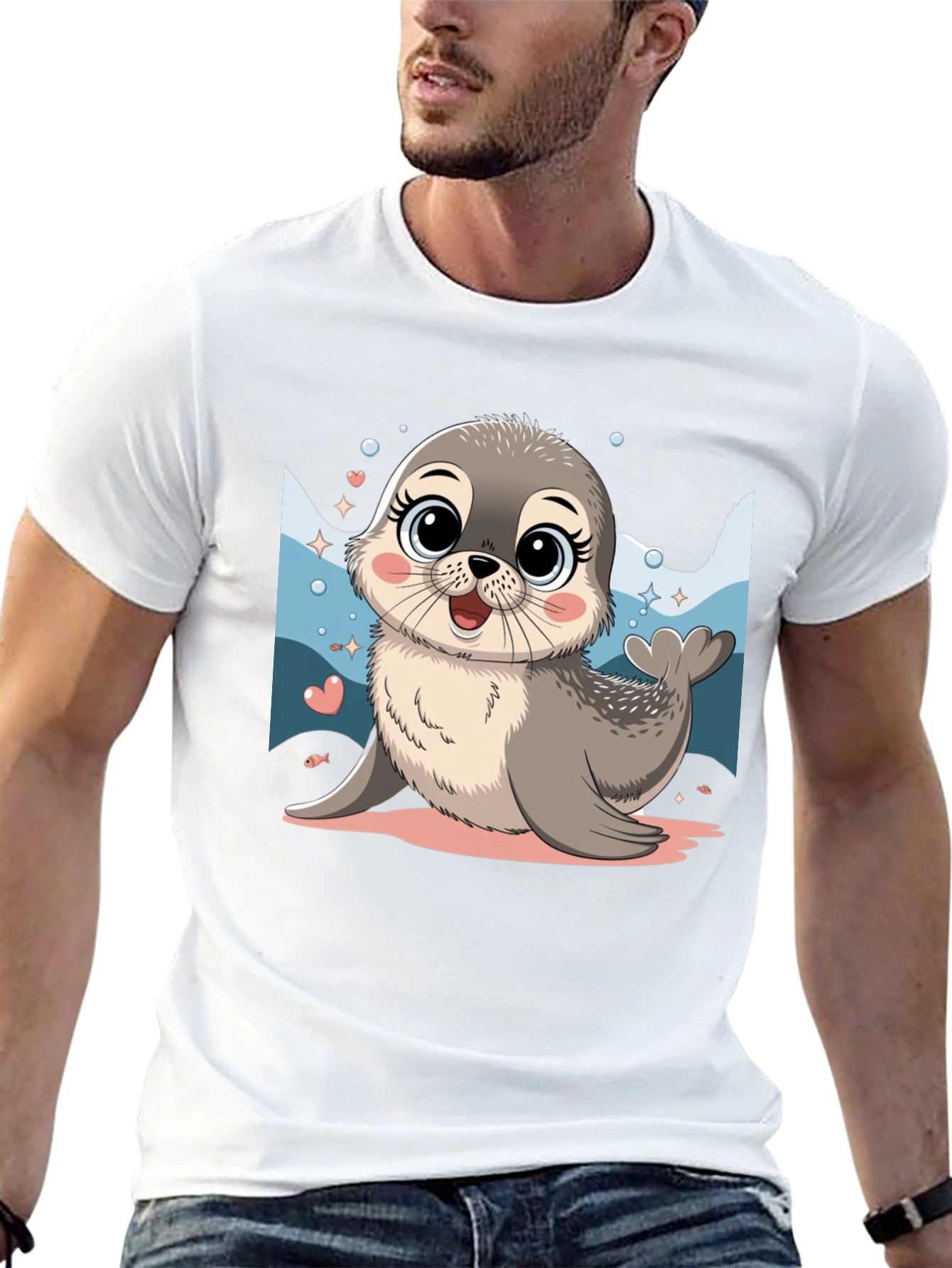 Cute Seal Cartoon Graphic Tee - Black Cotton Blend
