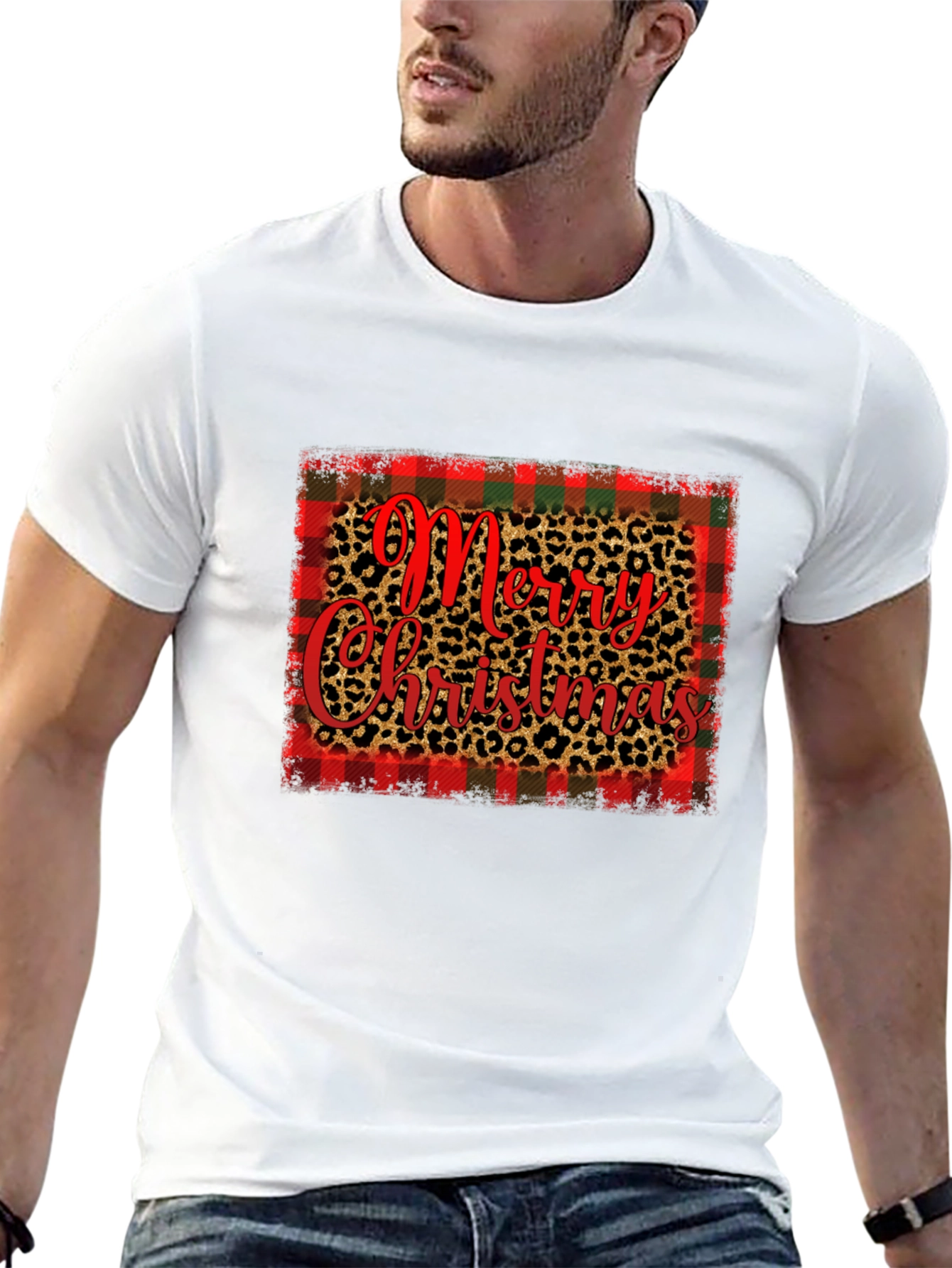 Merry Christmas Plaid & Leopard Print Graphic Tee
