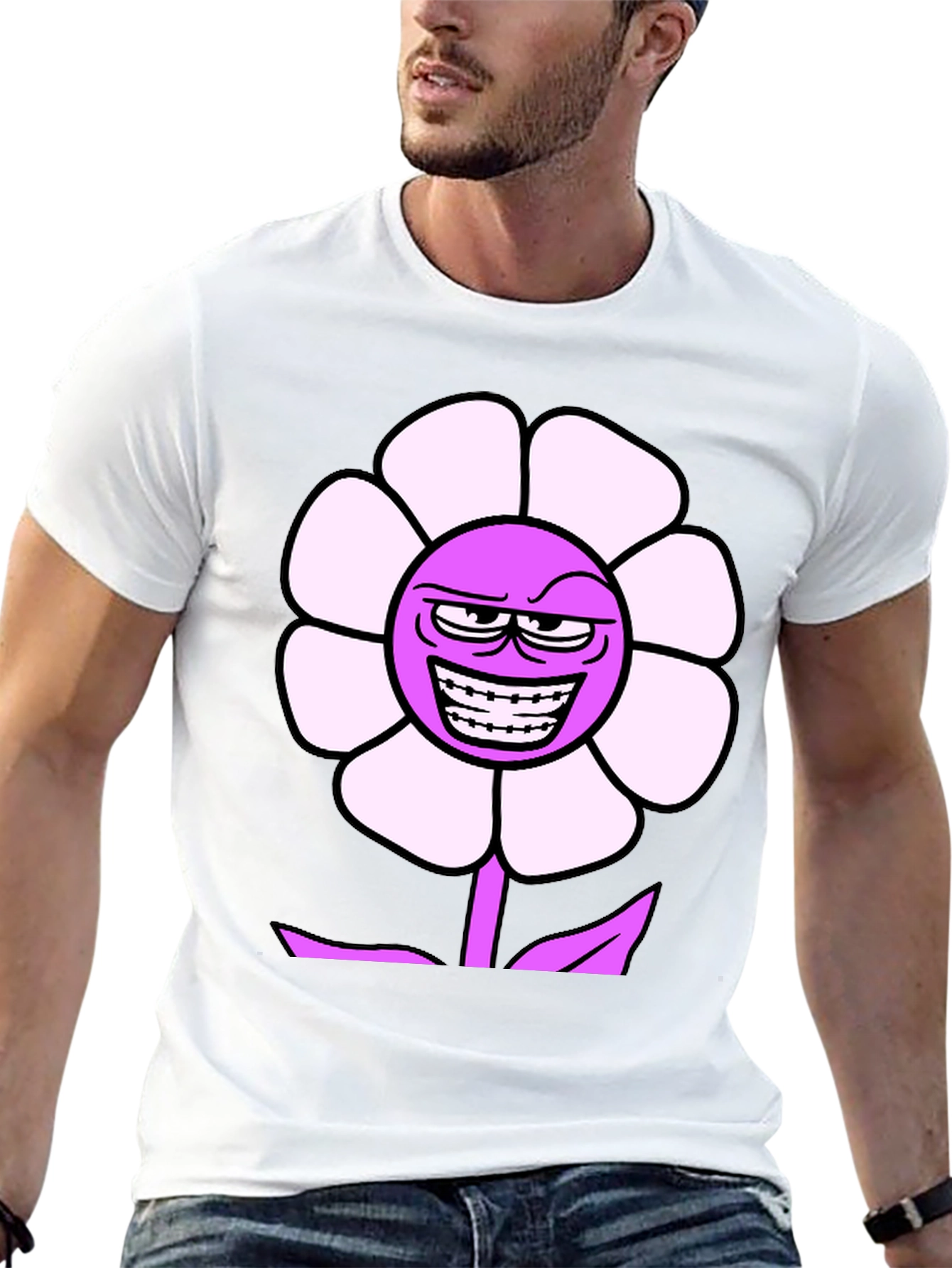 Mens Black T-Shirt with Funny Flower Graphic