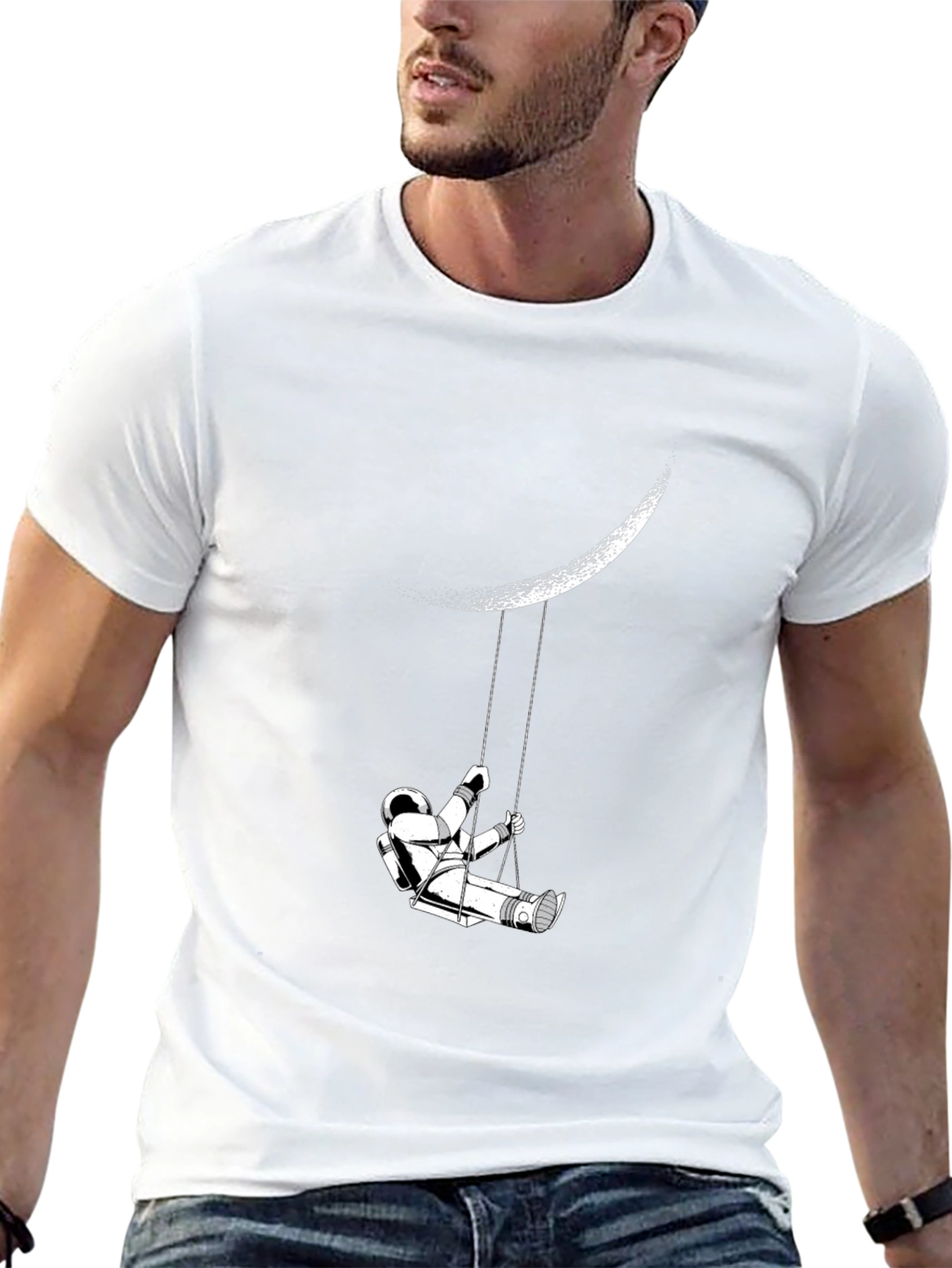 Astronaut Moon Swing Graphic Tee - Stylish Black T-Shirt