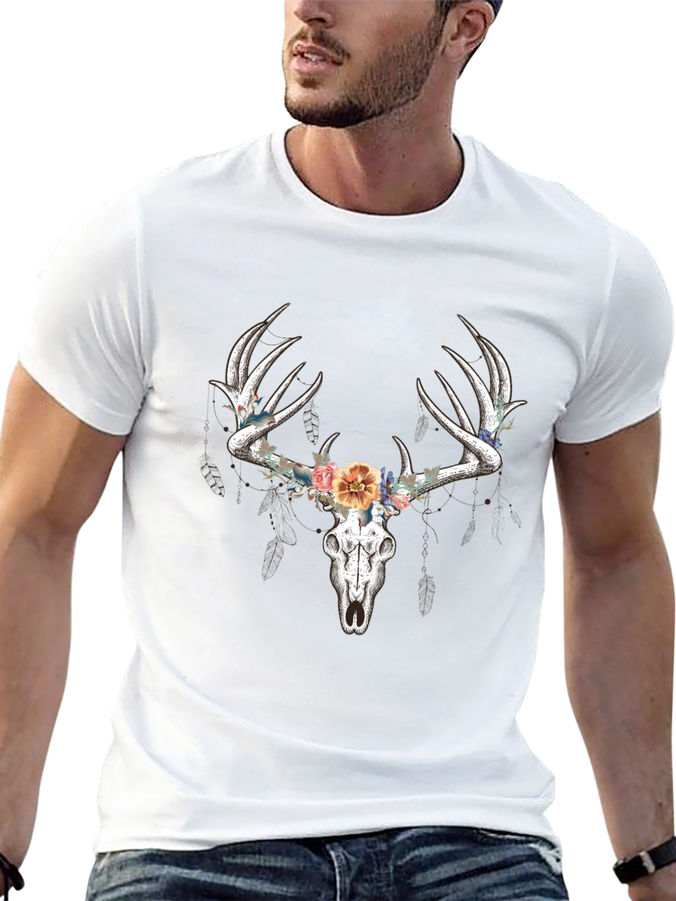 Floral Deer Skull Graphic T-Shirt - Black