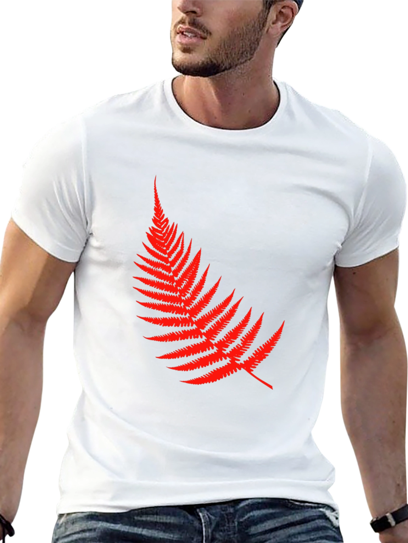 Red Fern Leaf Graphic Tee - Black Cotton T-Shirt