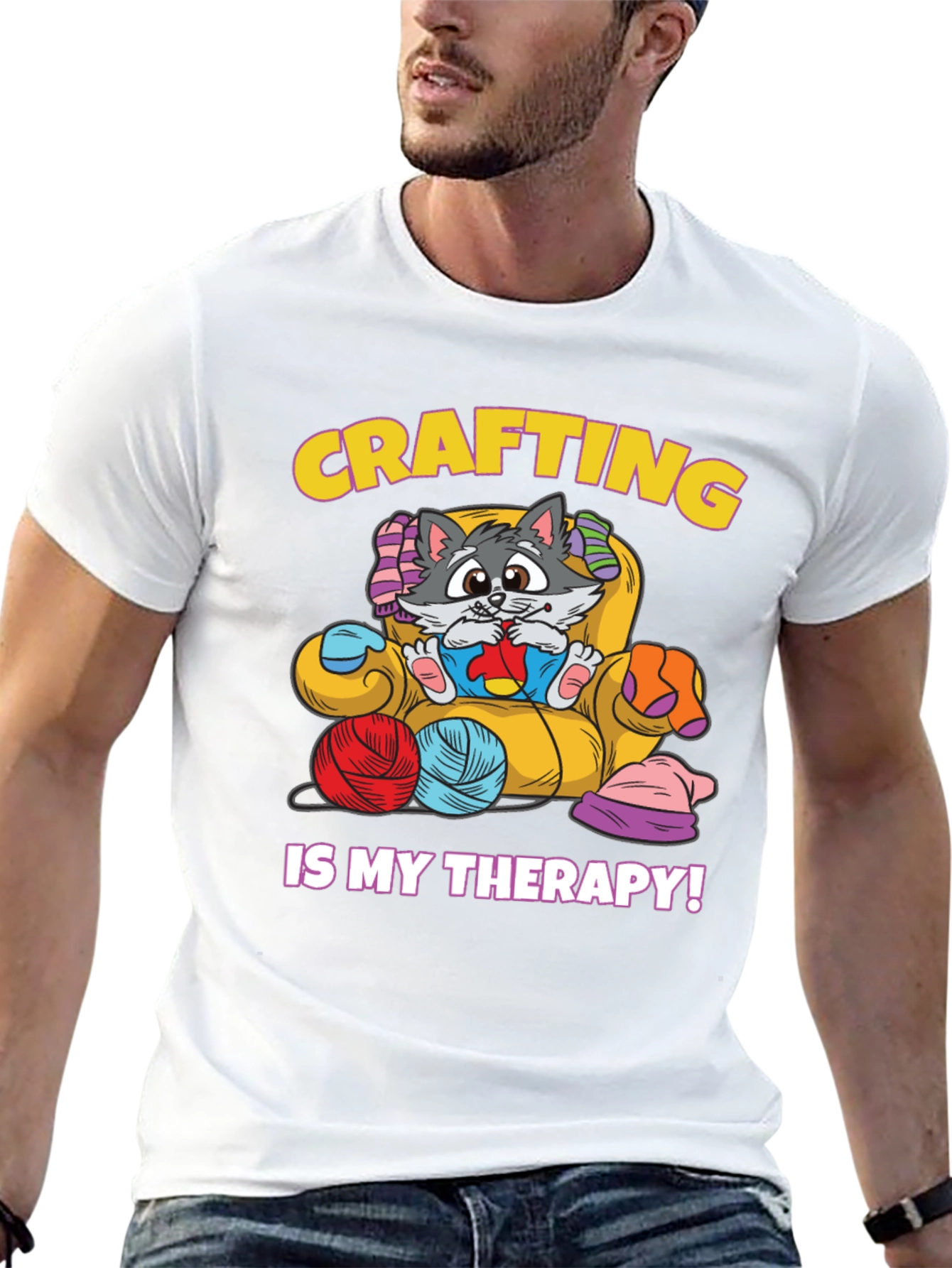 Crafting is My Therapy T-Shirt - Cute Cat Design
