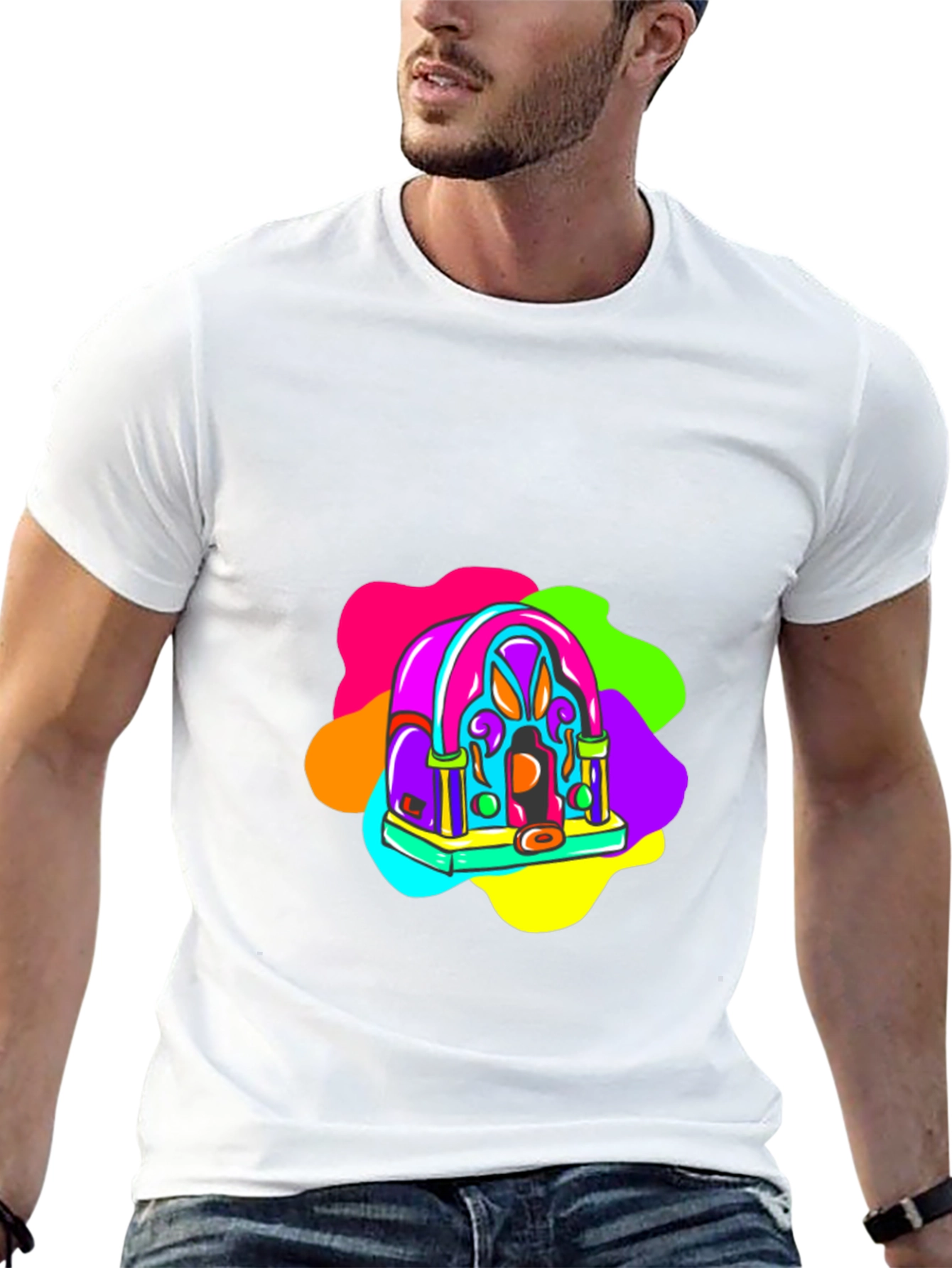 Retro Radio Black T-Shirt: Vibrant & Funky Design