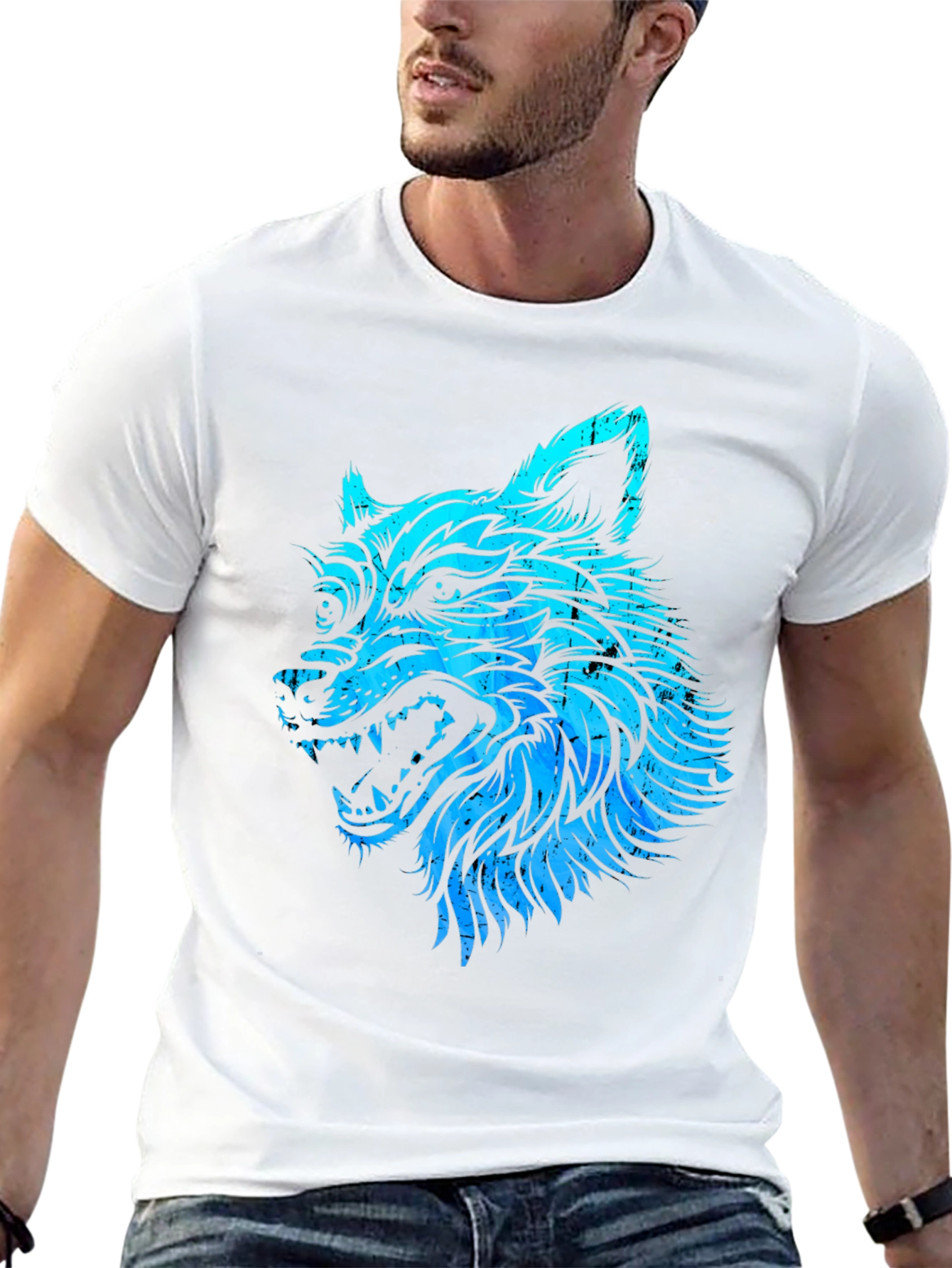 Blue Wolf Graphic Black T-Shirt - Mens Fashion