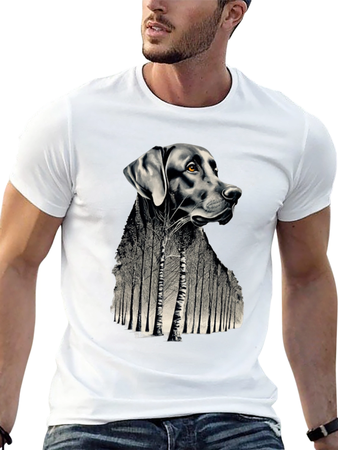Dog Forest Graphic Print Black T-Shirt
