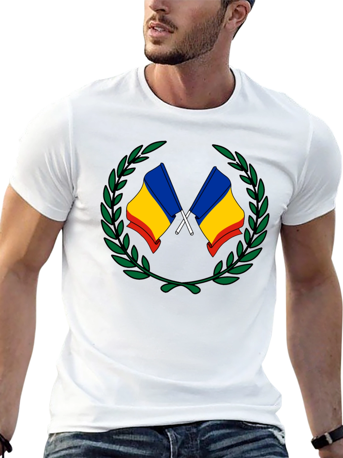 Romania Flag Laurel Wreath T-Shirt - Black