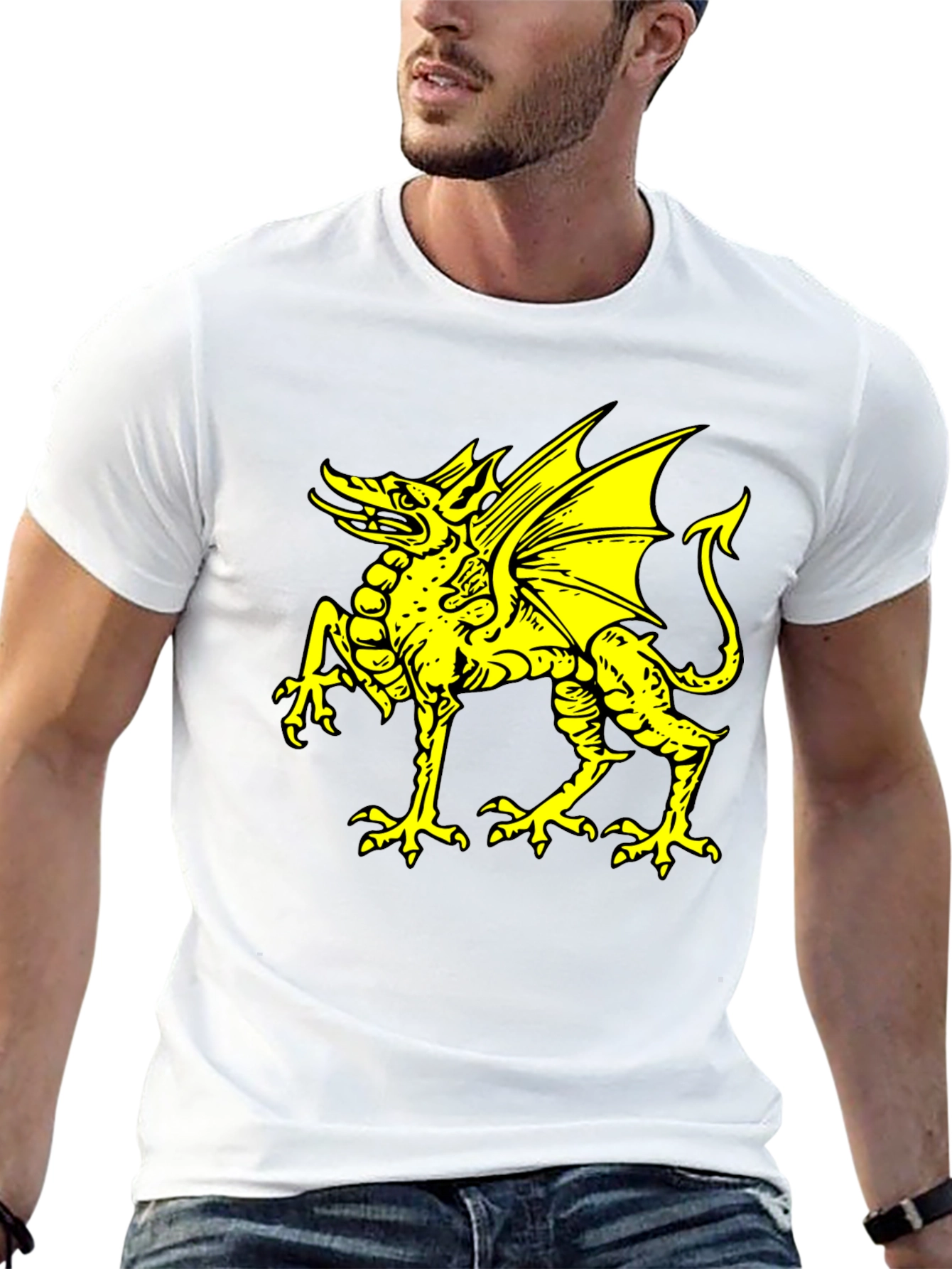 Black T-Shirt with Yellow Dragon Graphic