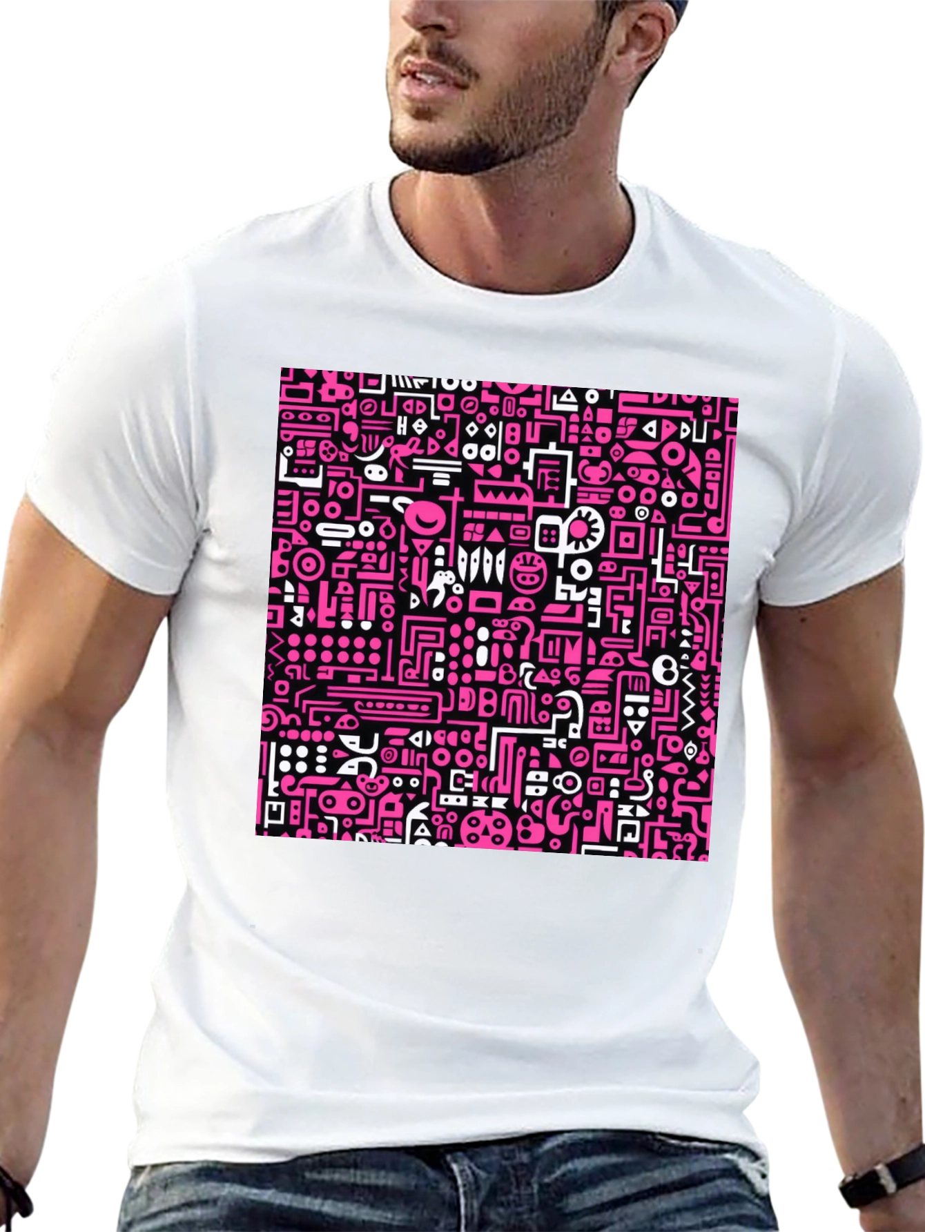 Abstract Pink & White Graphic Black T-Shirt