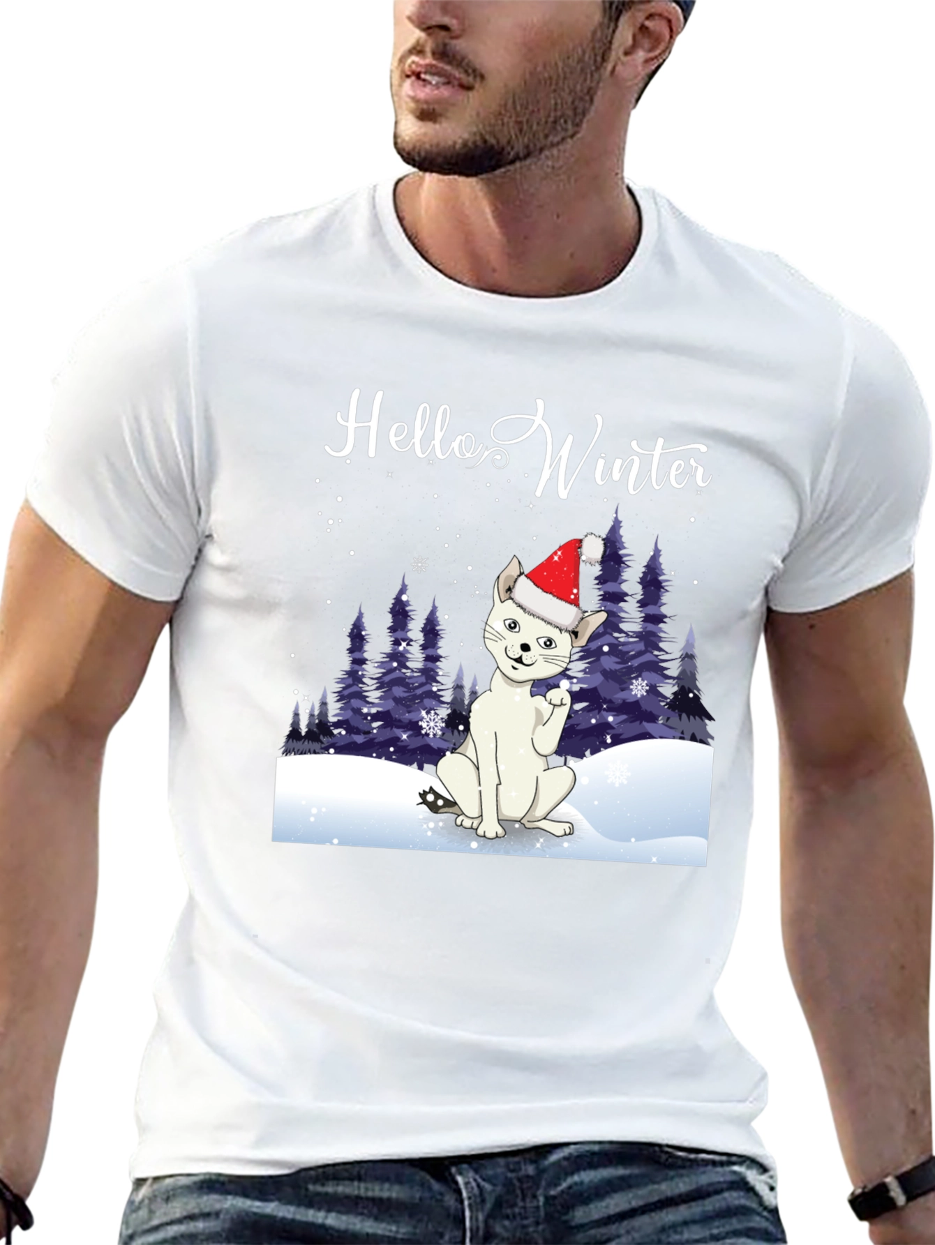 Hello Winter Cat T-Shirt - Holiday Cheer