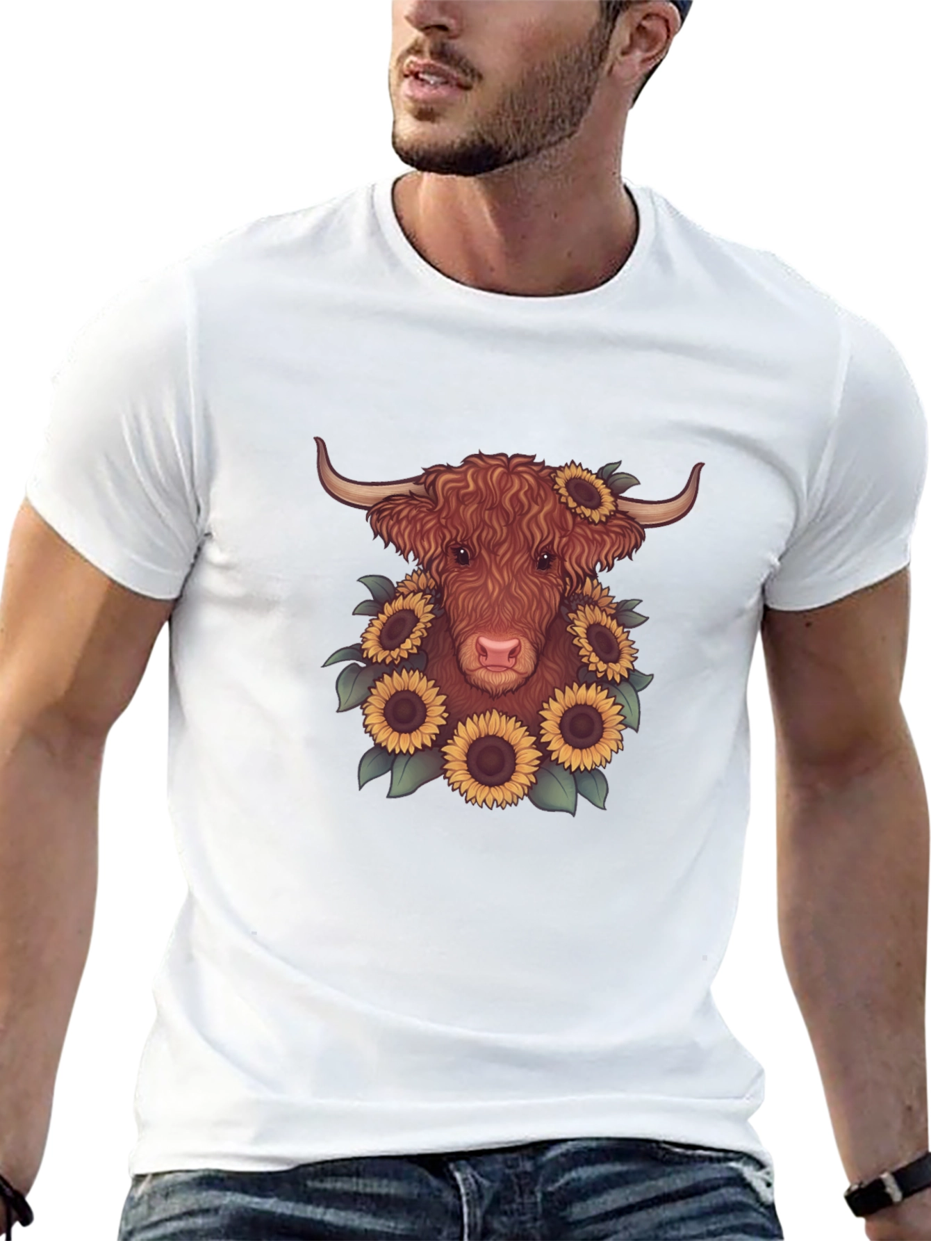 Highland Cow Sunflower Graphic Tee - Black