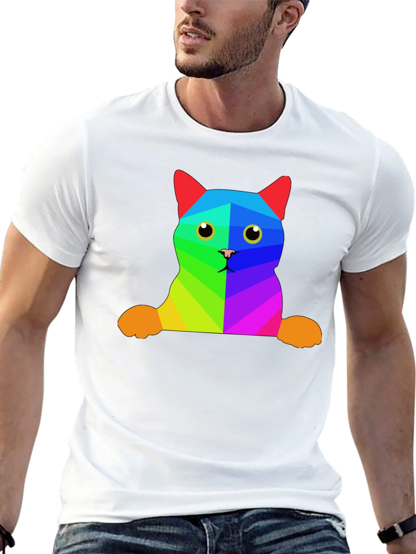 Rainbow Geometric Cat T-Shirt - Unique Graphic Tee
