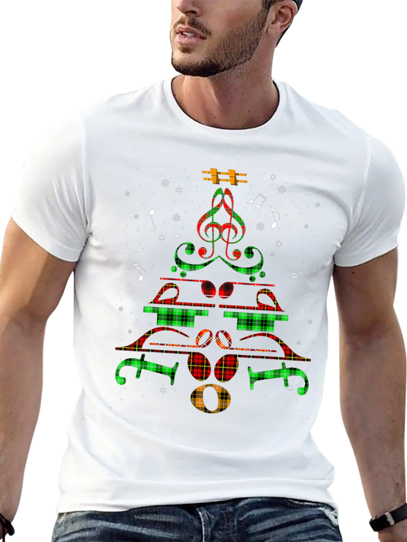 Musical Christmas Tree T-Shirt - Plaid Notes Festive Tee