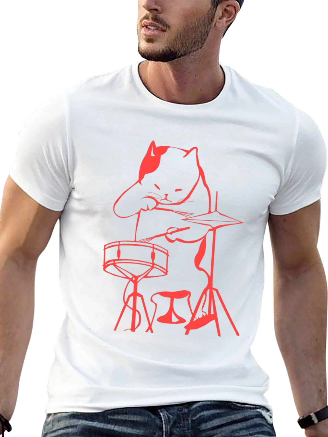 Cat Drummer T-Shirt - Black Crew Neck Tee