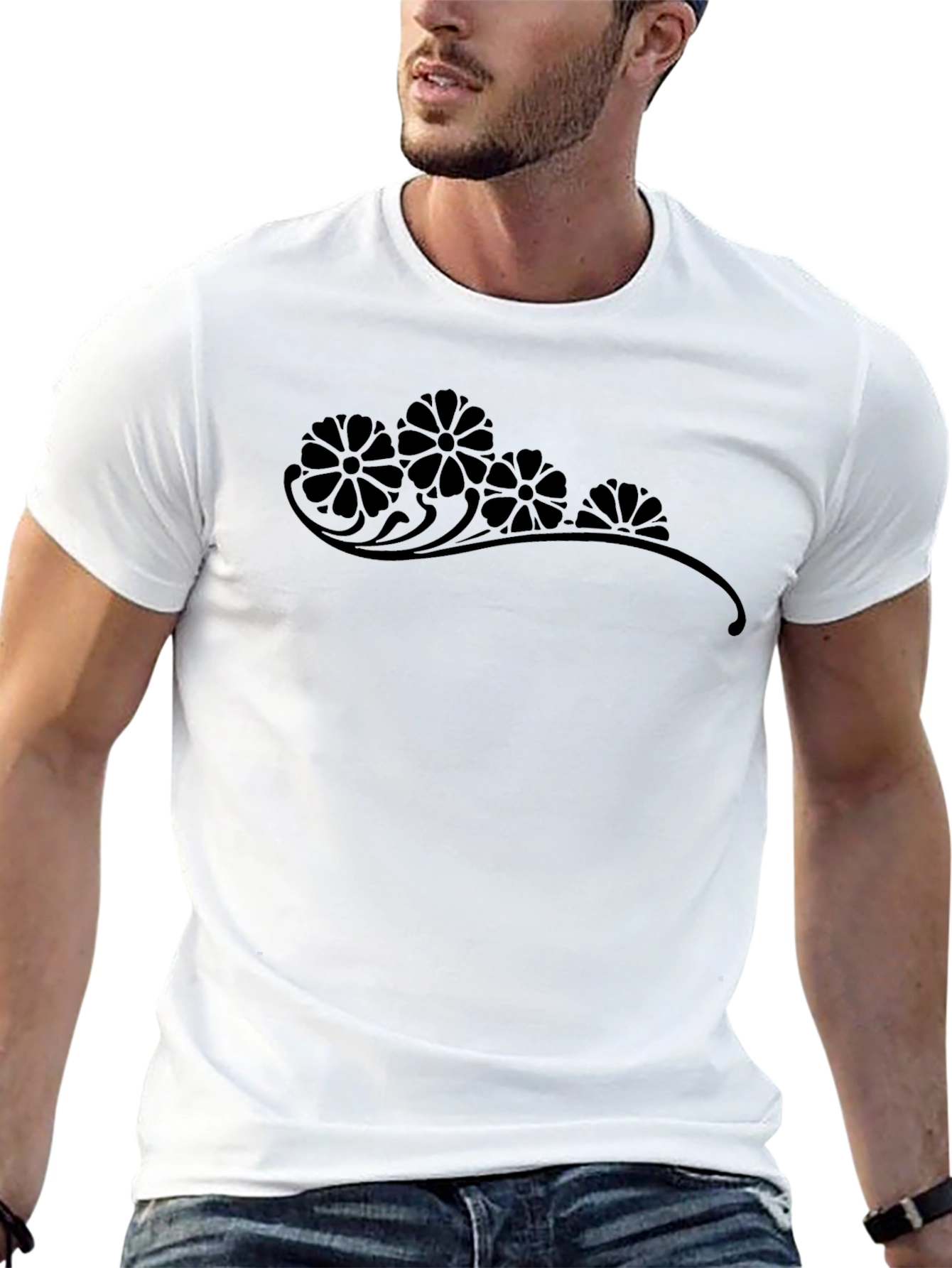 Elegant Floral Graphic Print Black T-Shirt
