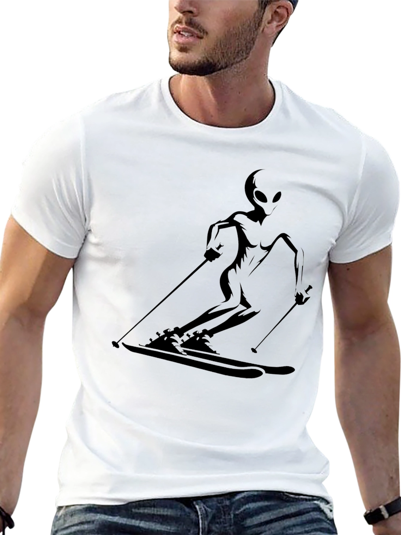 Alien Skiing Graphic Tee - Cool Black T-Shirt