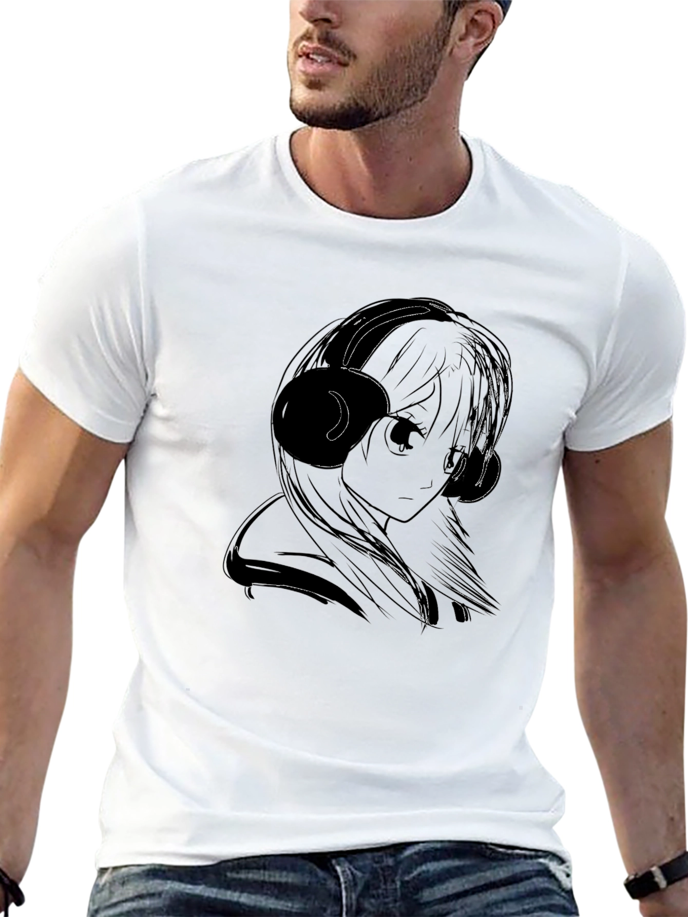 Anime Girl with Headphones Black T-Shirt