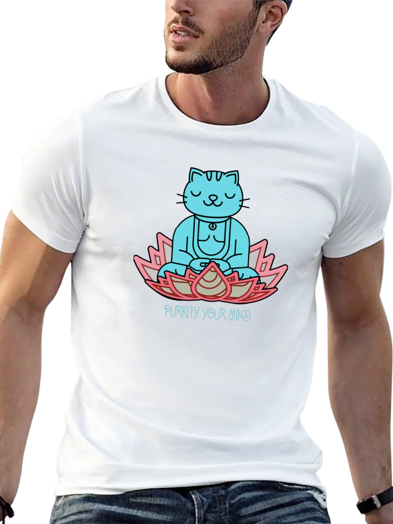 Purrity Your Mind Black T-Shirt - Meditating Cat Design