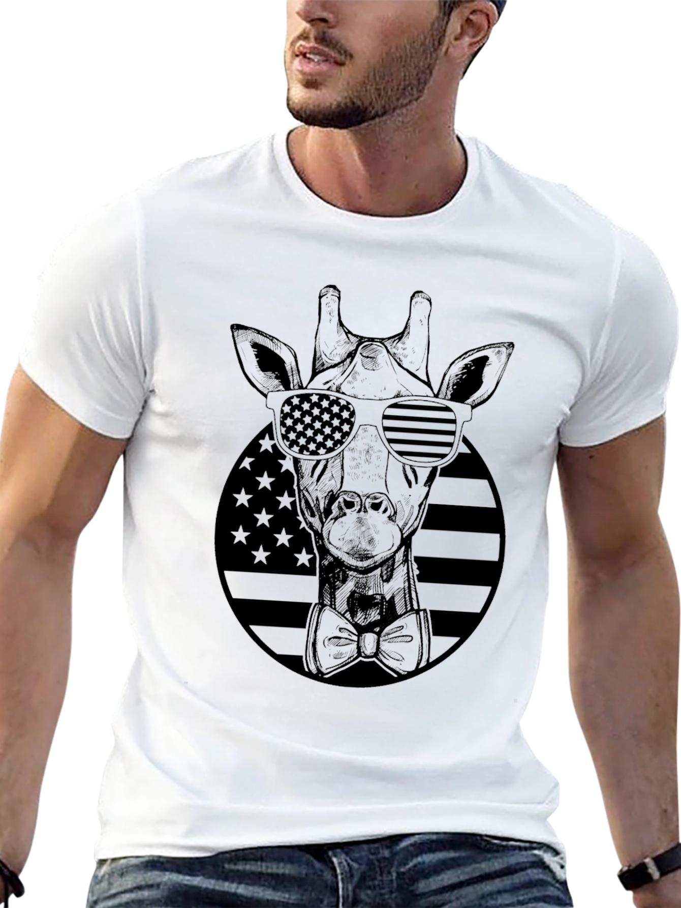 Giraffe Sunglasses USA Flag Black T-Shirt