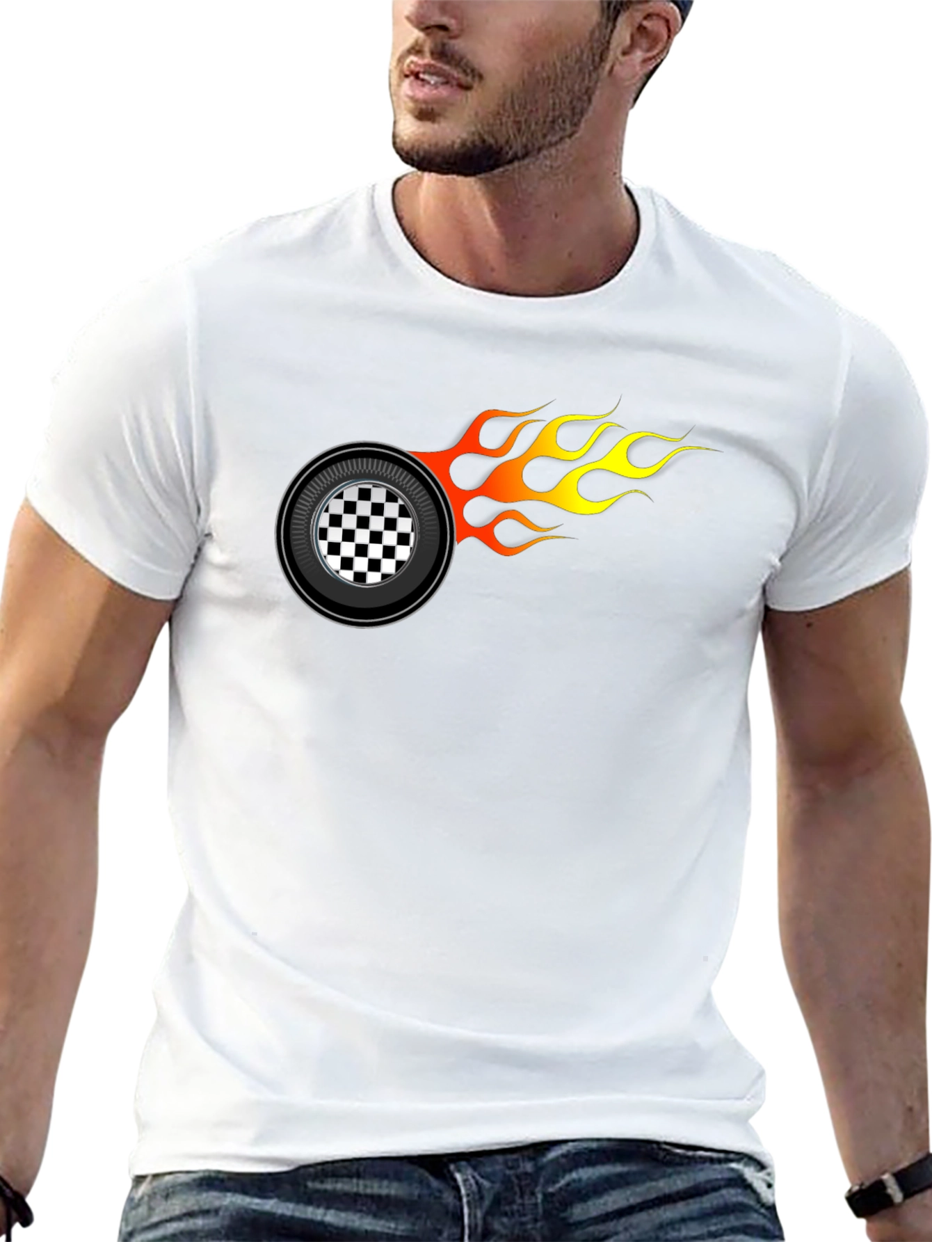 Racing Wheel Flame Graphic Black T-Shirt