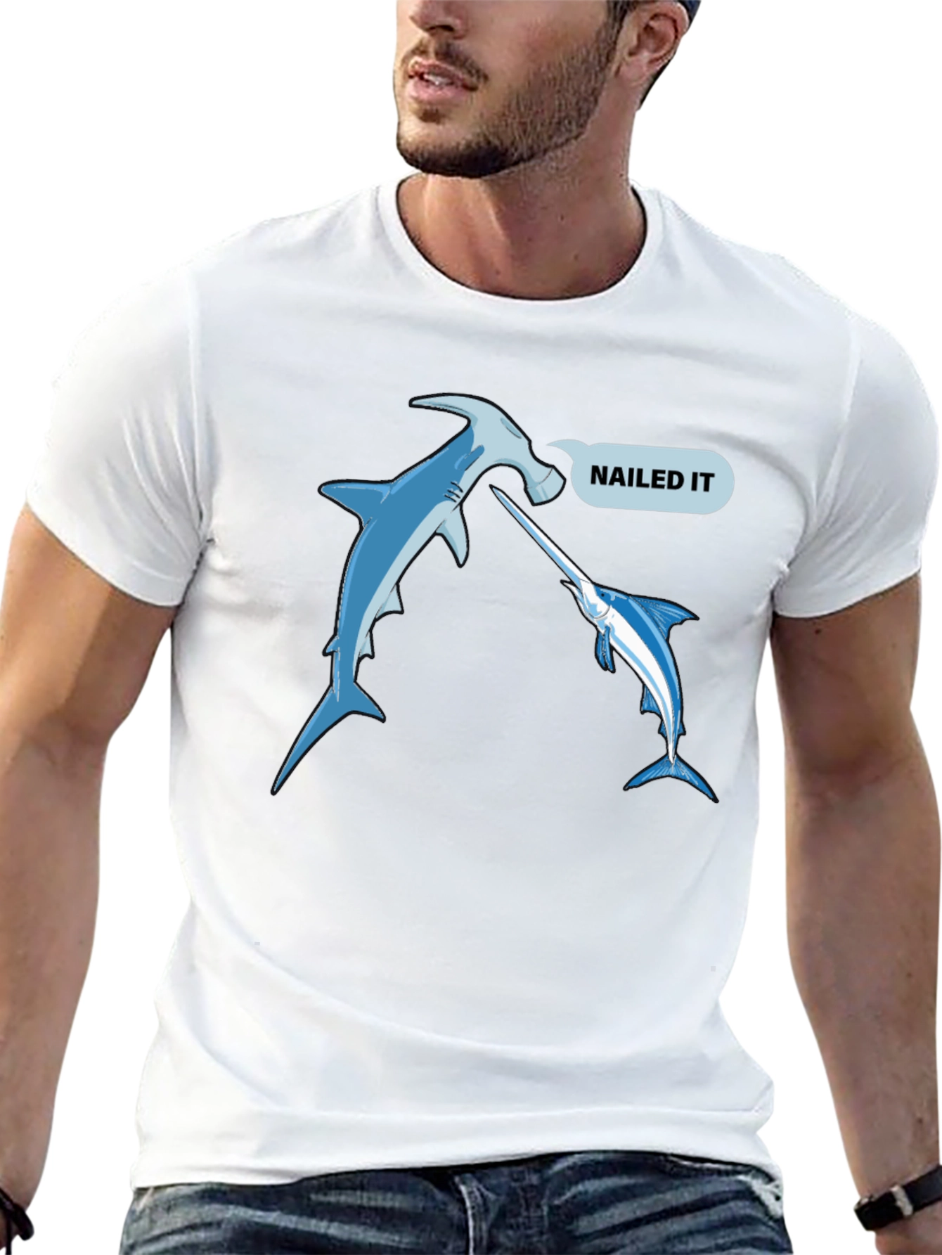 Nailed It Funny Hammerhead Shark & Marlin Black T-Shirt