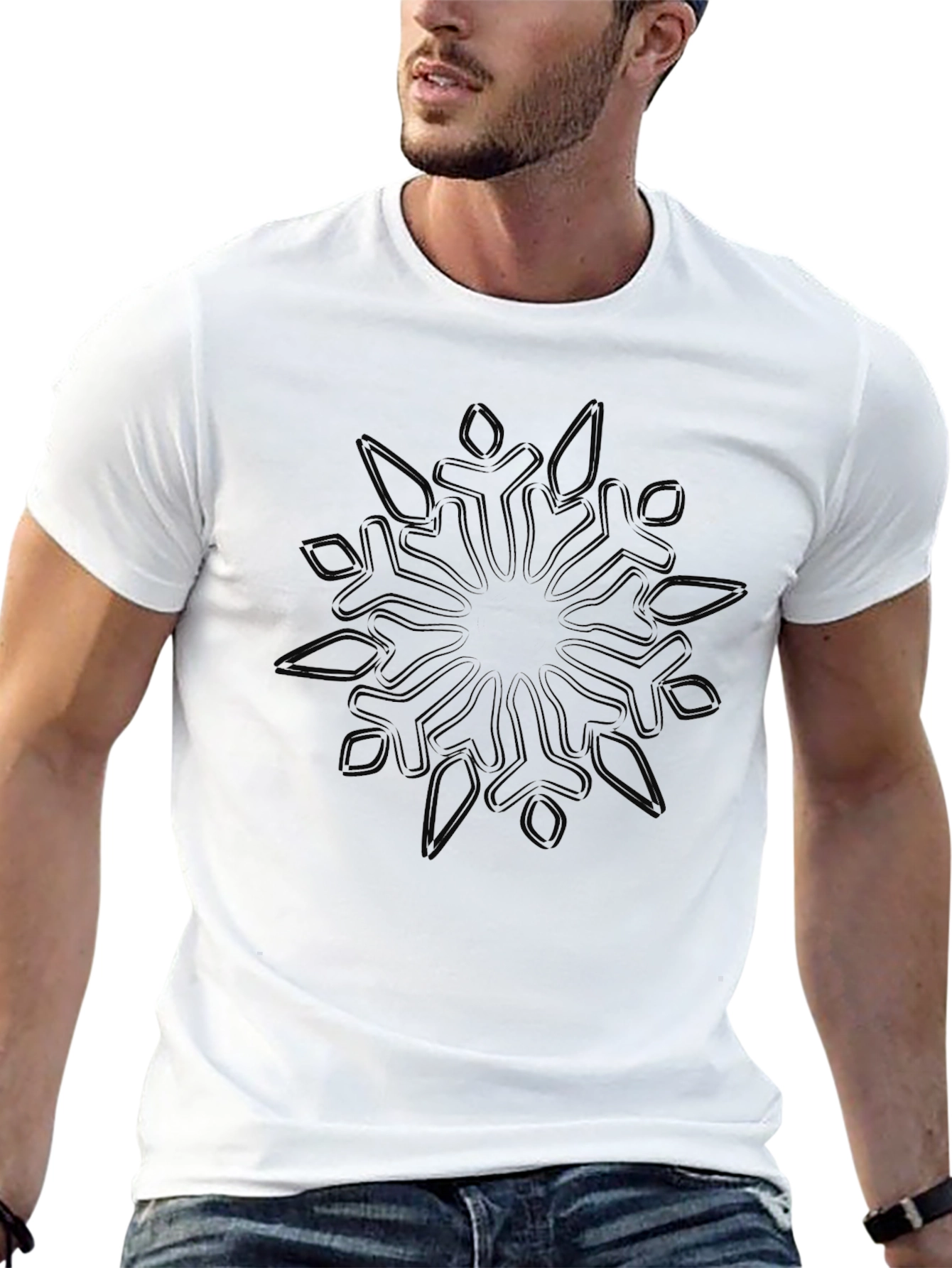 Mens Black Snowflake Graphic T-Shirt - Casual Cotton Tee