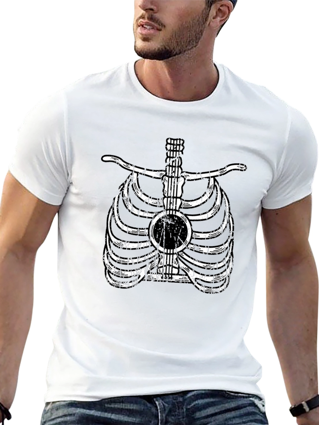 Guitar Rib Cage Graphic Tee - Musician Skeleton T-Shirt
