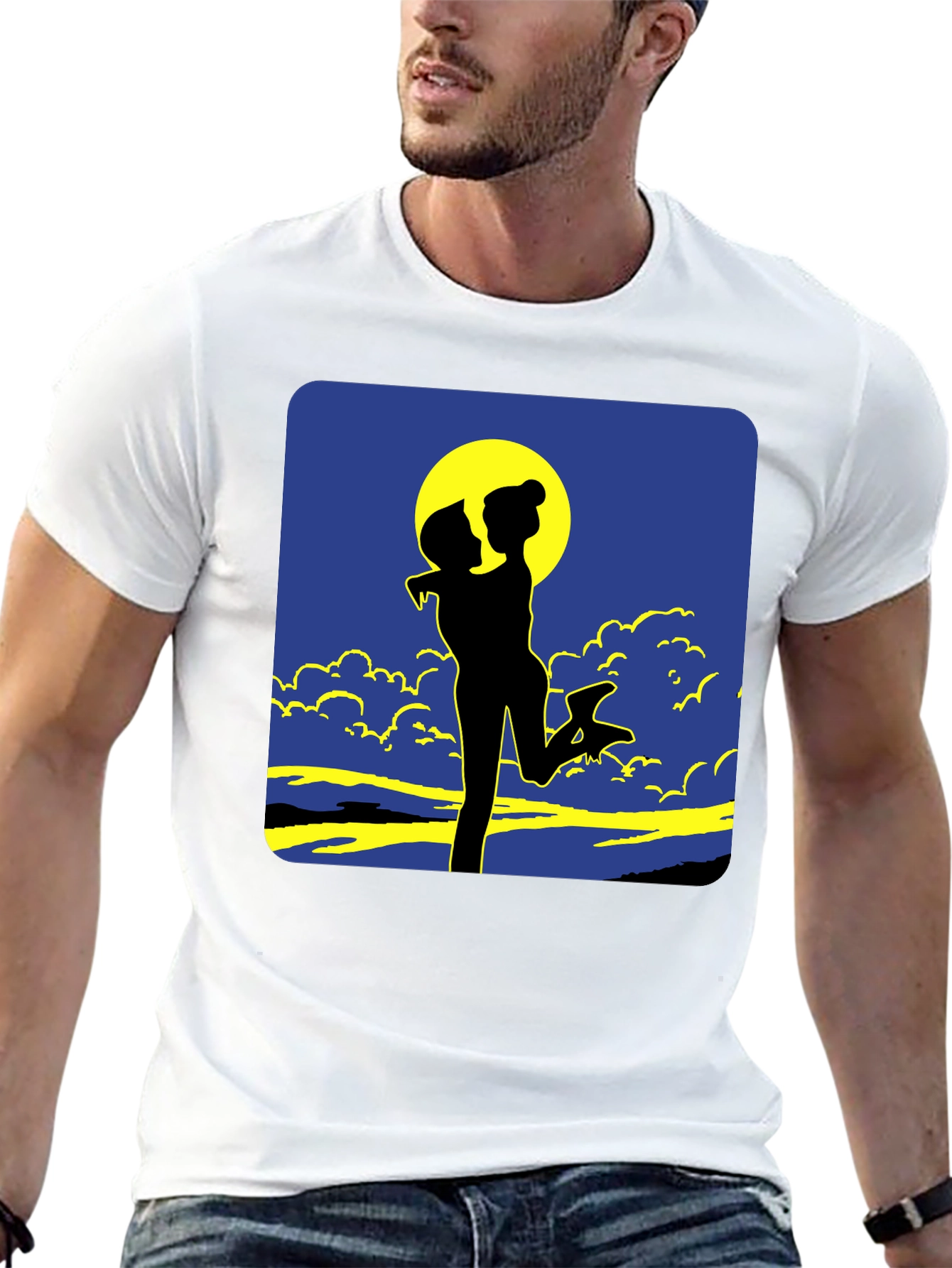 Silhouette Couple Moon Graphic Tee - Black