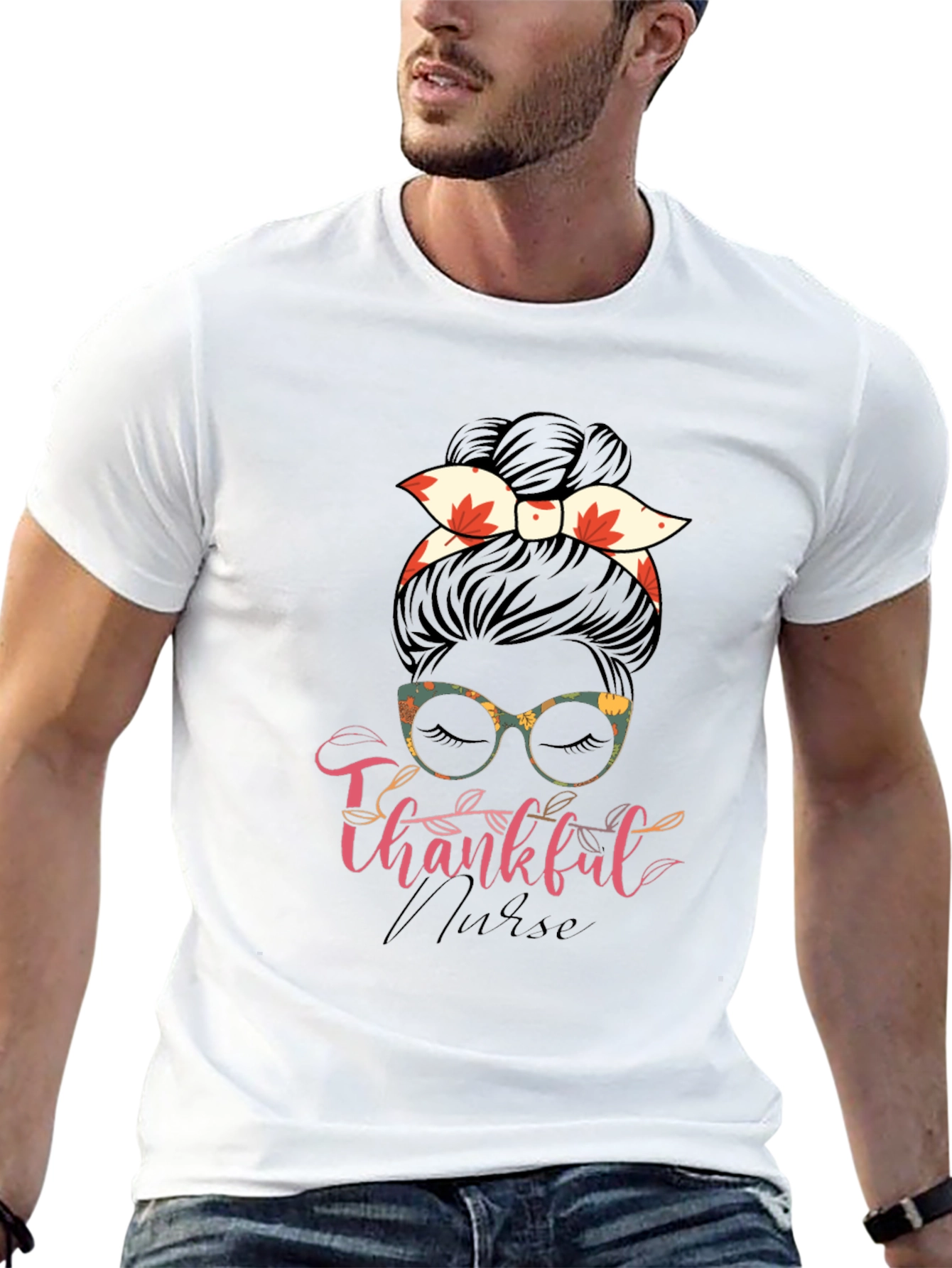 Thankful Nurse Messy Bun T-Shirt